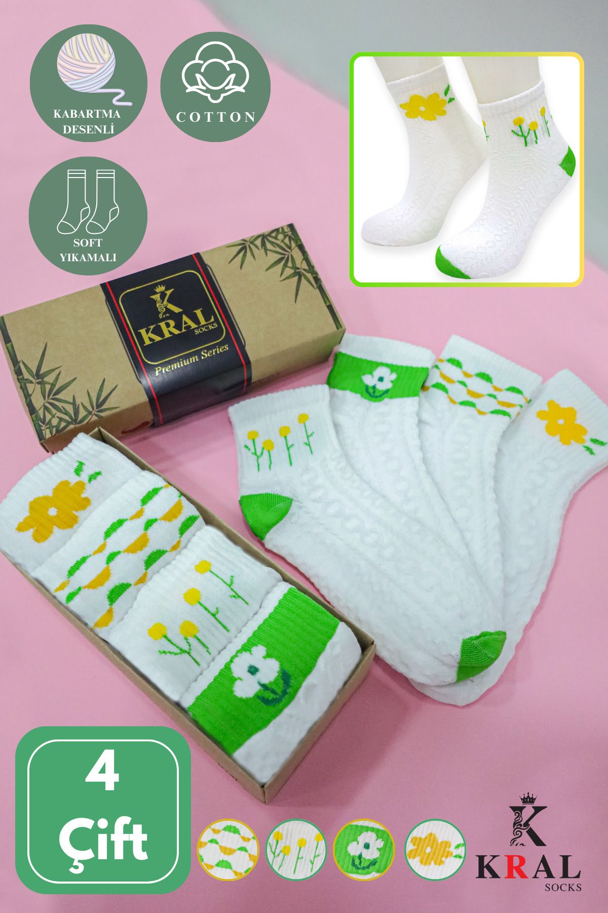 KRAL SOCKS Kadın Kabartma Çiçek Desenli Pamuklu Patik Çorap (HEDİYE KUTULU)