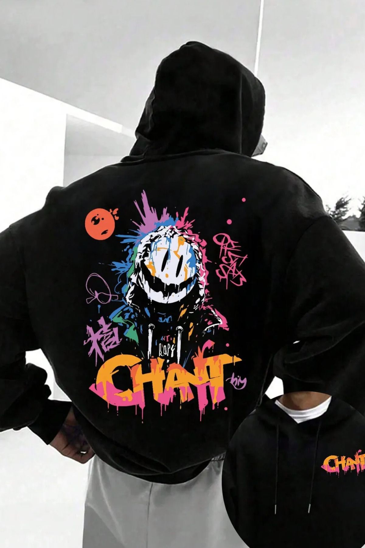 Wish BF chant ön arka baskılı siyah oversize kapşonlu sweatshirt hoodie