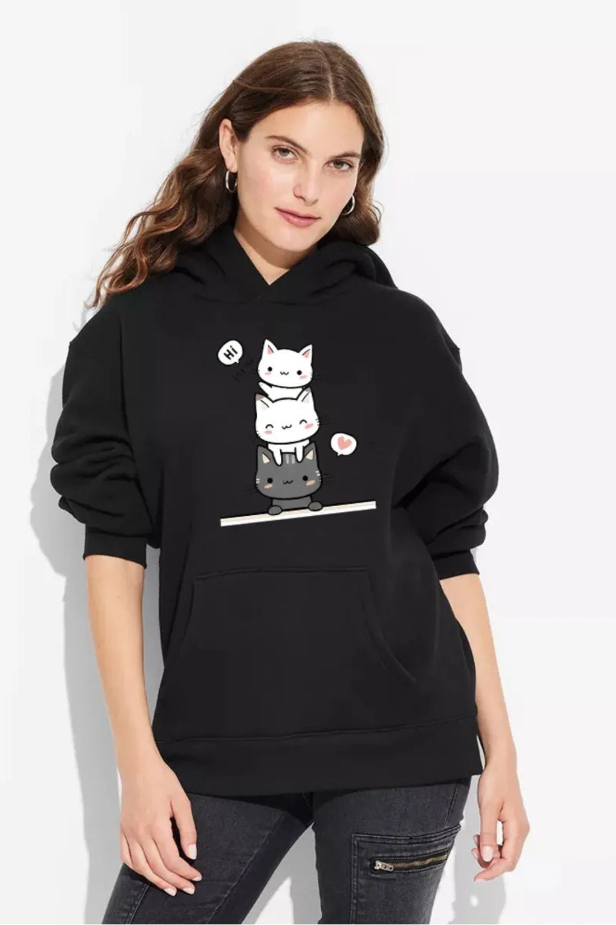 Wish BF cute Cat Baskılı Oversize Kapüşonlu Siyah Sweatshirt