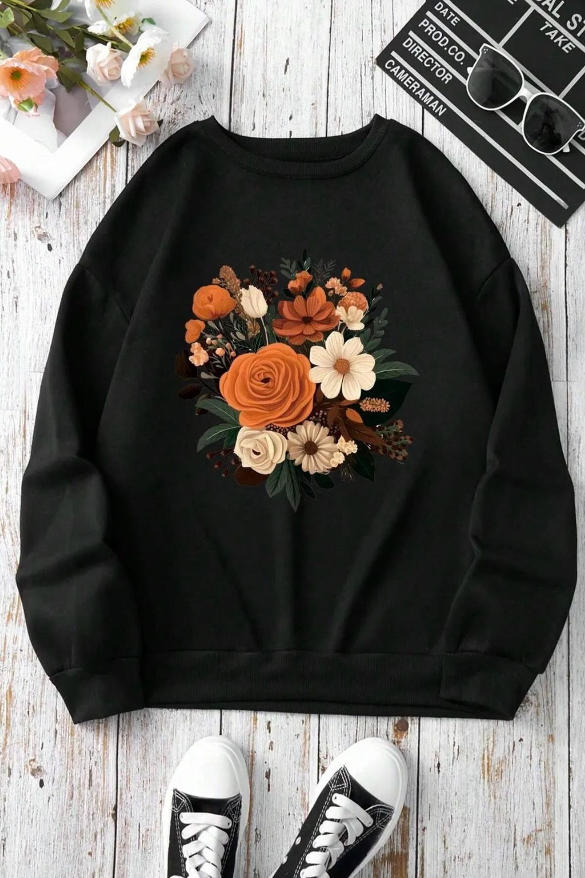 FECCY Pamuklu Kadın Siyah Çiçek Demeti Baskılı Oversize Sweatshirt