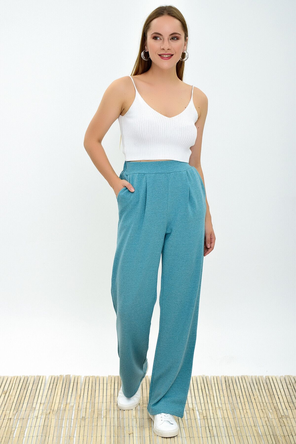 Cotton Mood-9292933 Wide Leg Trousers with Two Thread Pockets Turquoise 2