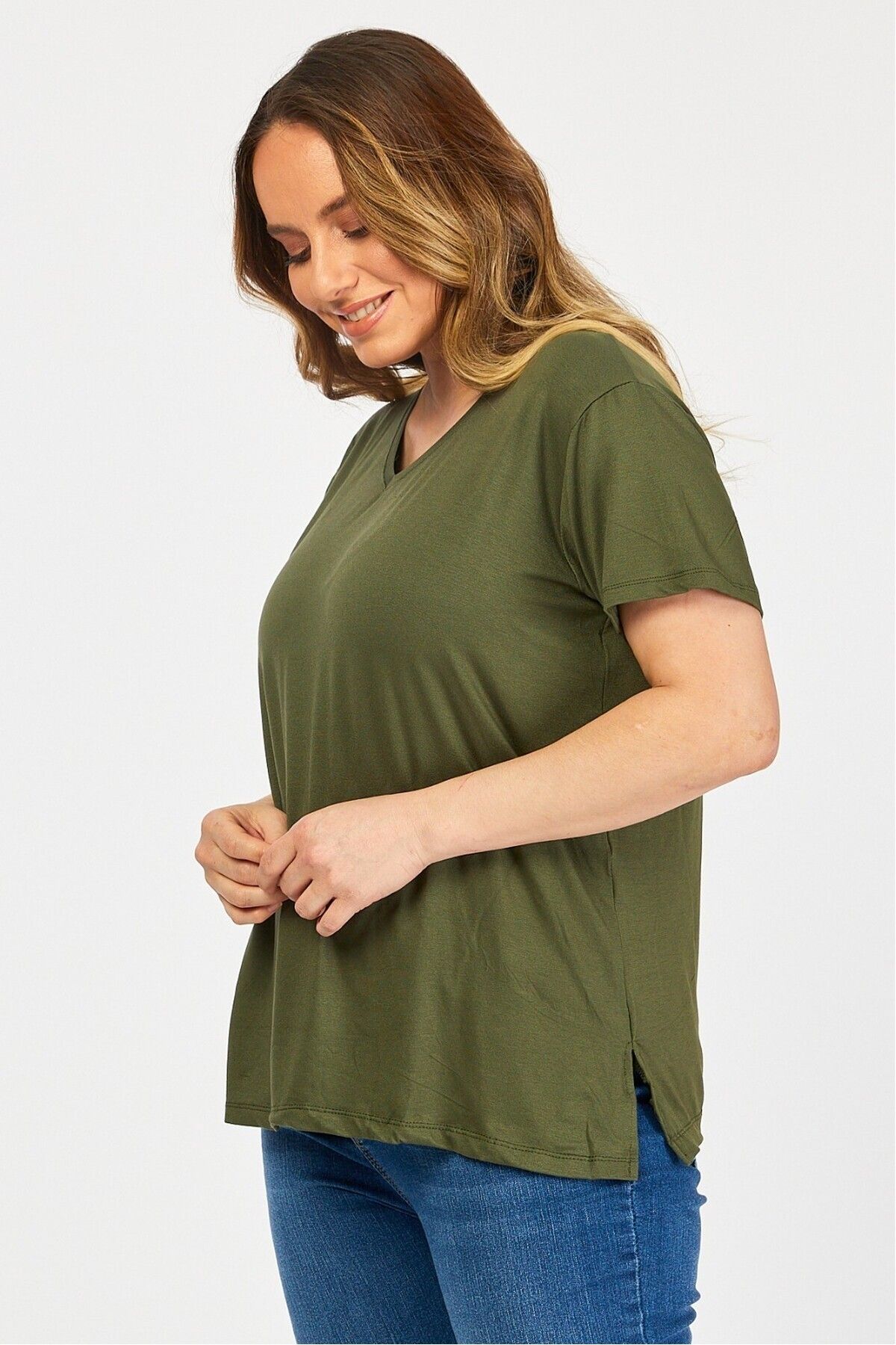 Cotton Mood-B21399902 Plus Size Viscose V-Neck Short Sleeve Blouse Khaki 2