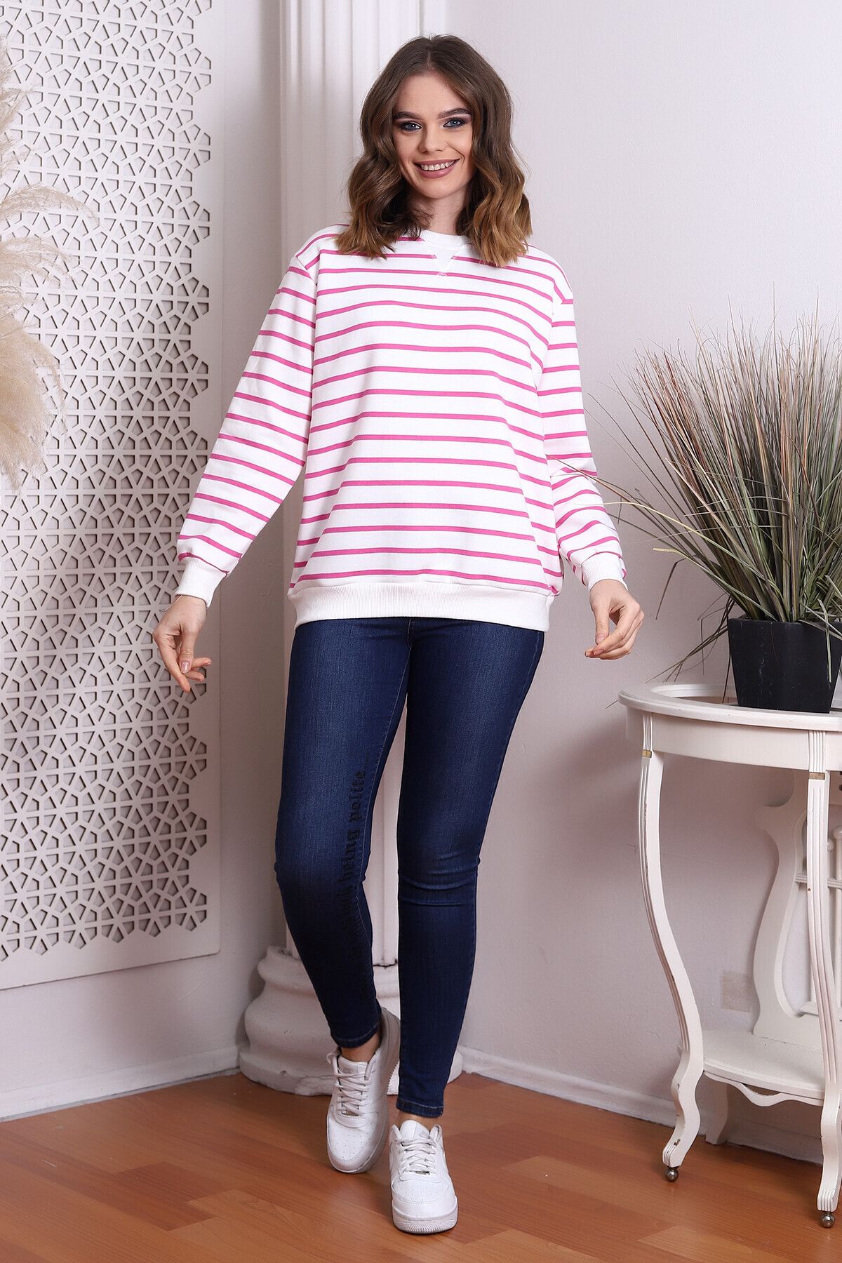 Cotton Mood-22434188 Three Thread Striped Sweatshirt Ecru Pink 5