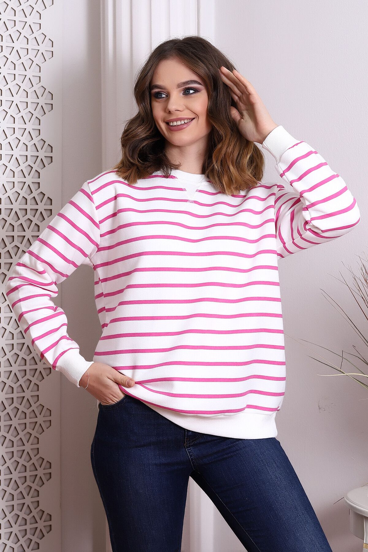 Cotton Mood-22434188 Three Thread Striped Sweatshirt Ecru Pink 2