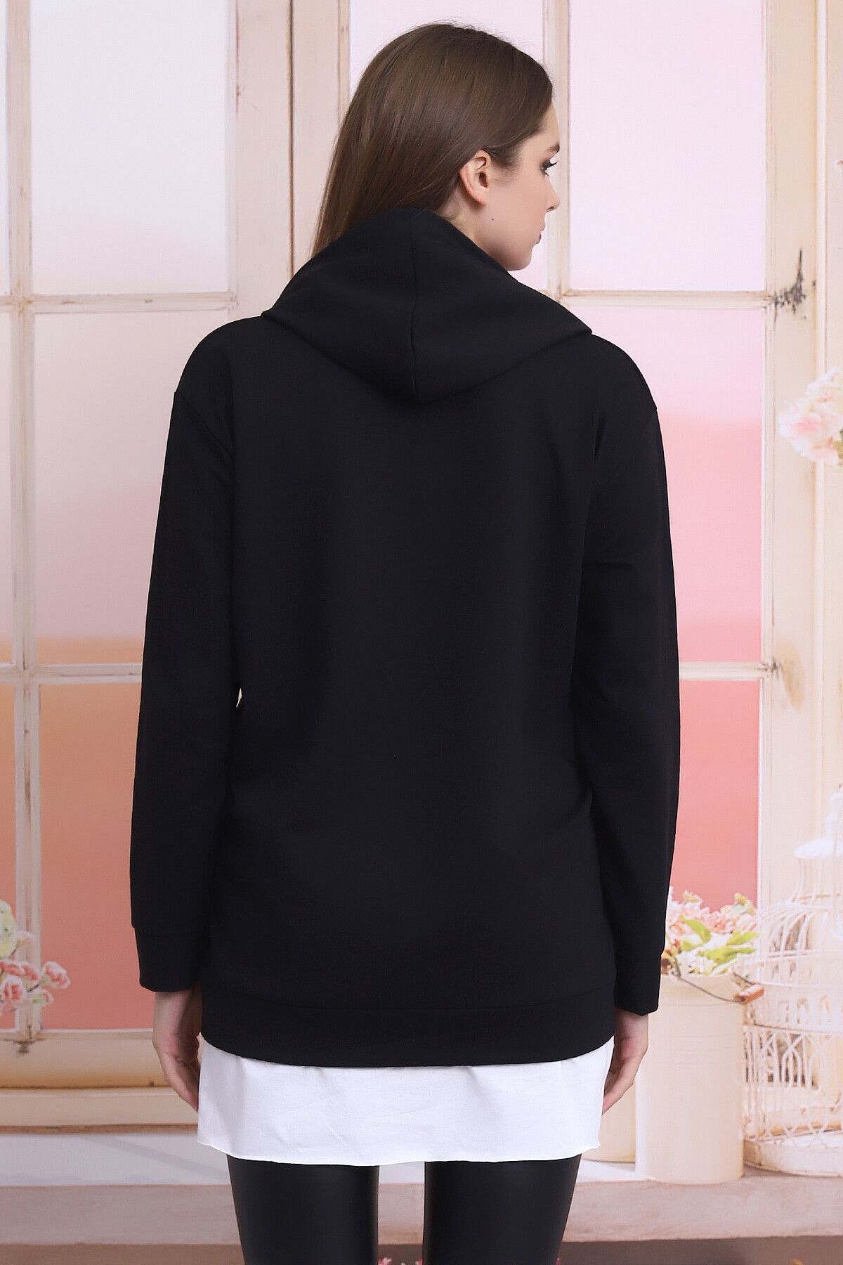 Cotton Mood-21404011 Two Yarn Hooded Pocket Skirt Garnished Long Sweatshir Black 6