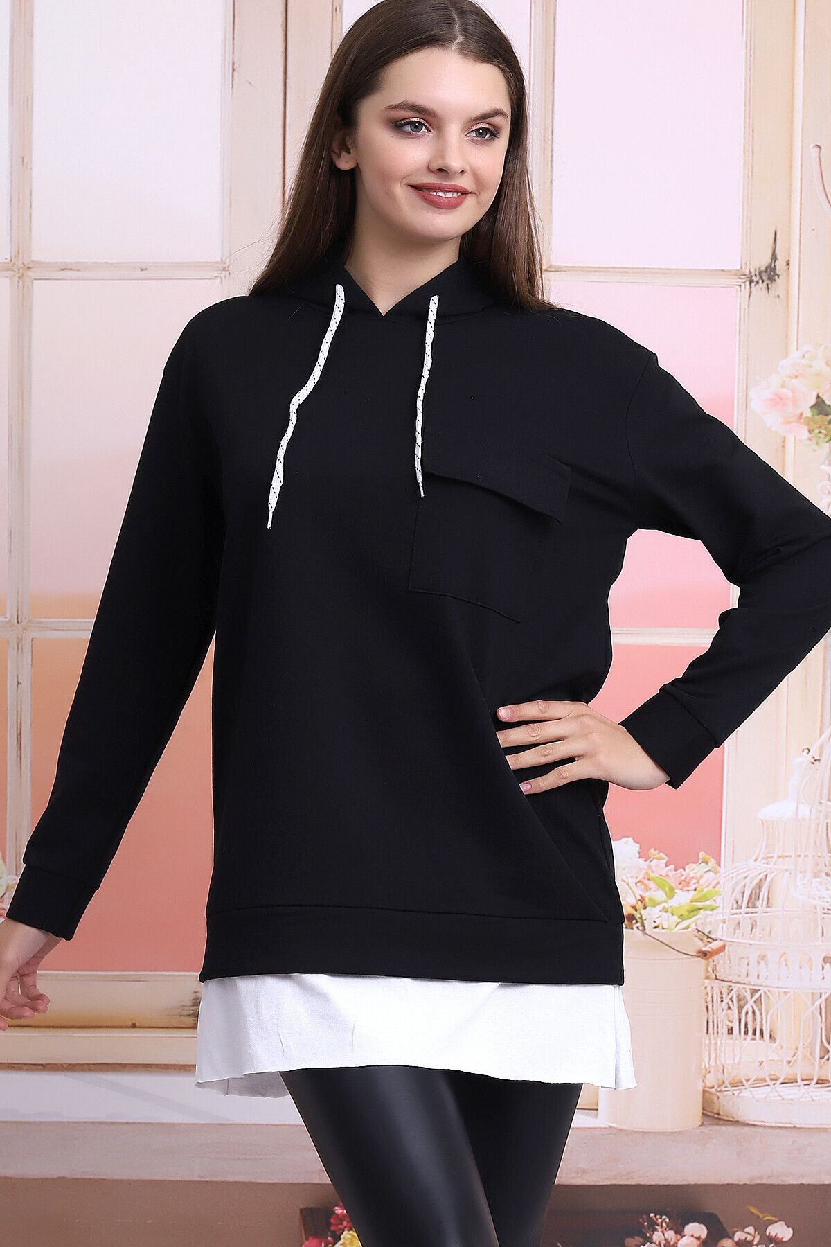 Cotton Mood-21404011 Two Yarn Hooded Pocket Skirt Garnished Long Sweatshir Black 3