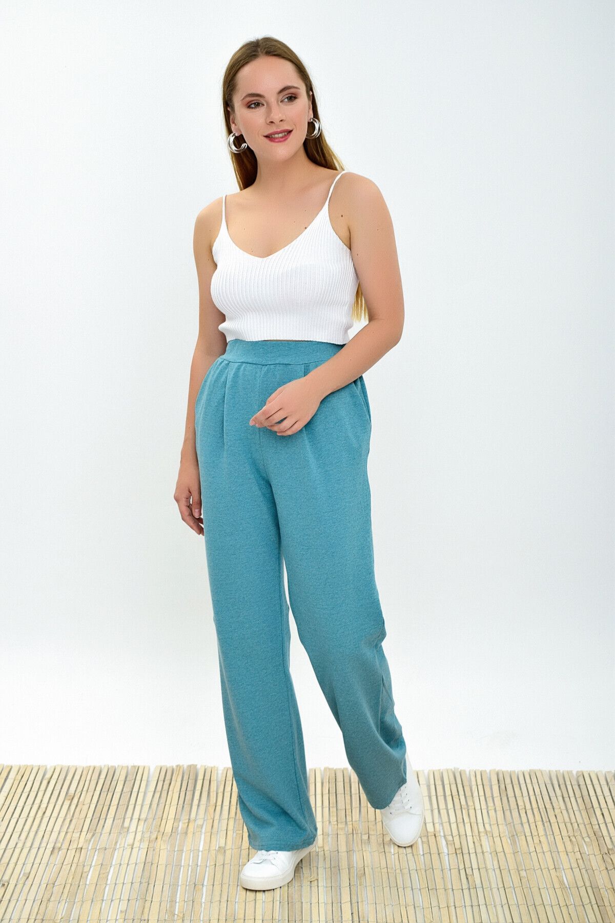 Cotton Mood-9292933 Wide Leg Trousers with Two Thread Pockets Turquoise 6