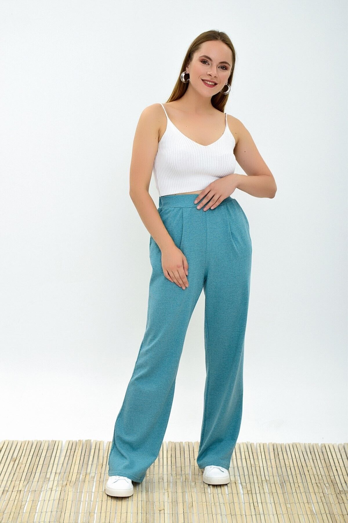 Cotton Mood-9292933 Wide Leg Trousers with Two Thread Pockets Turquoise 7