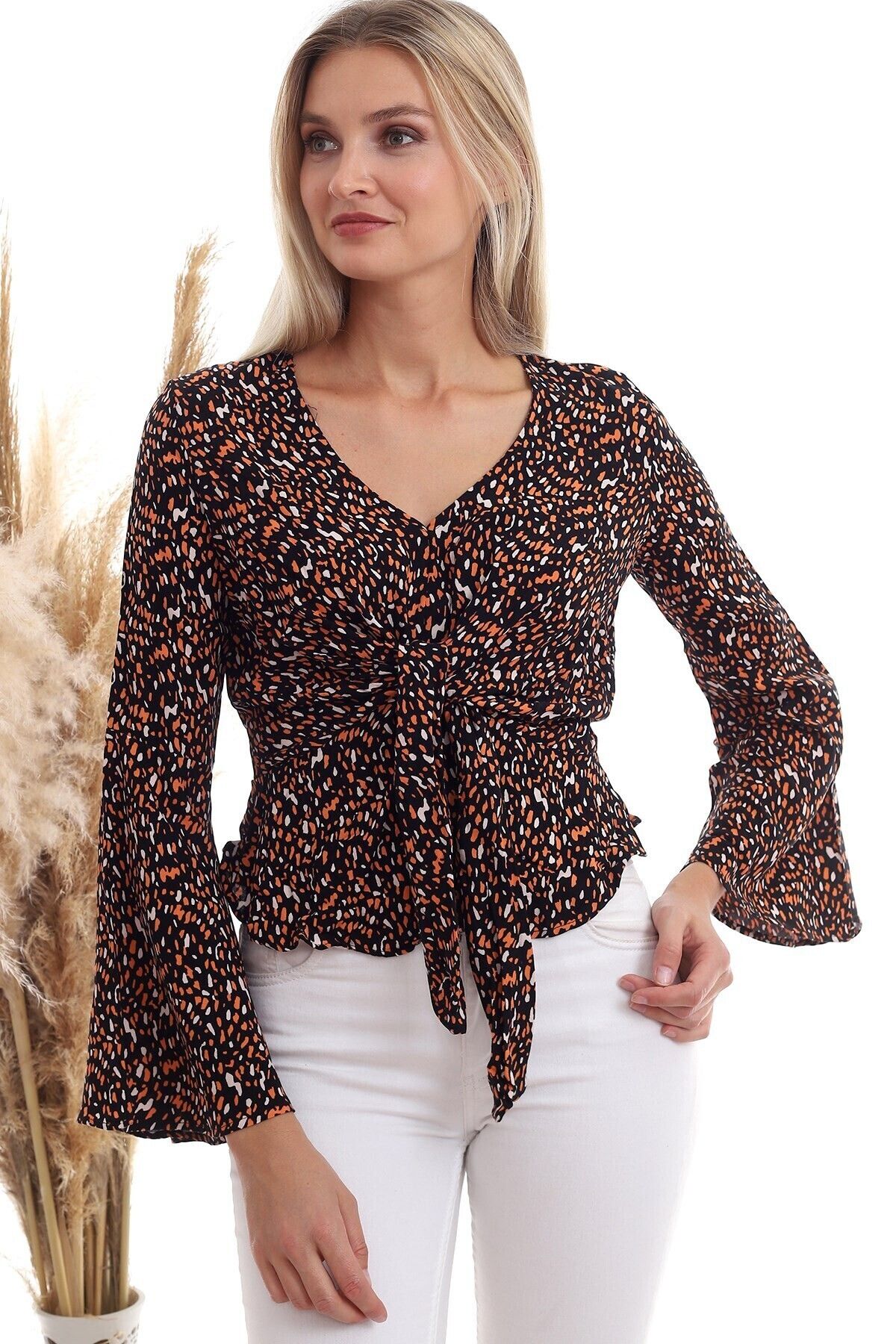 Cotton Mood-20333372 نمط الفيسكوز - بلوزة برتقالية سوداء مع ربطة عنق منتفخة 5