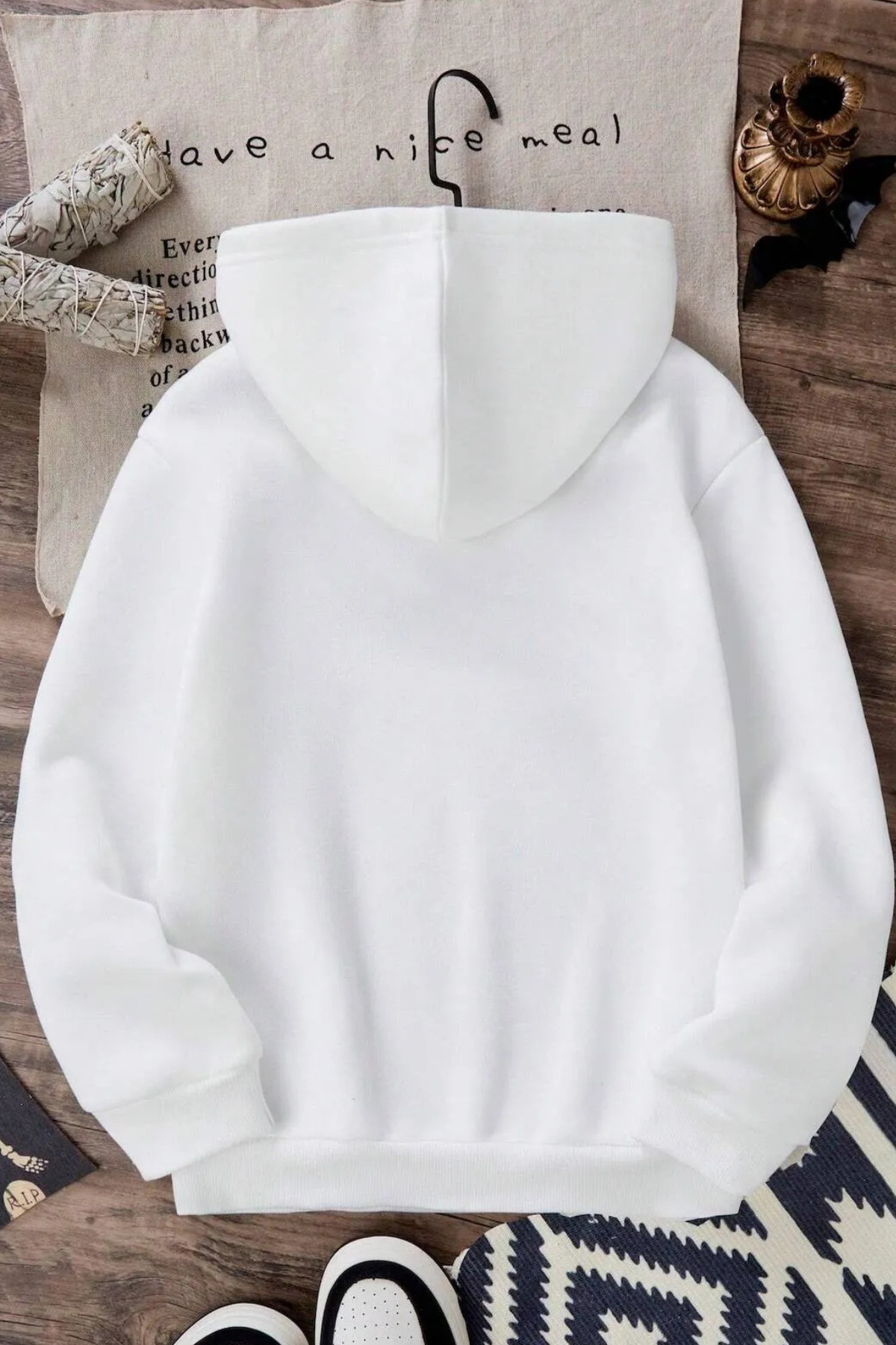 Wish BF ghost hayalet HALLOWEEN ön baskılı beyaz oversize kapşonlu sweatshirt hoodie görsel 5