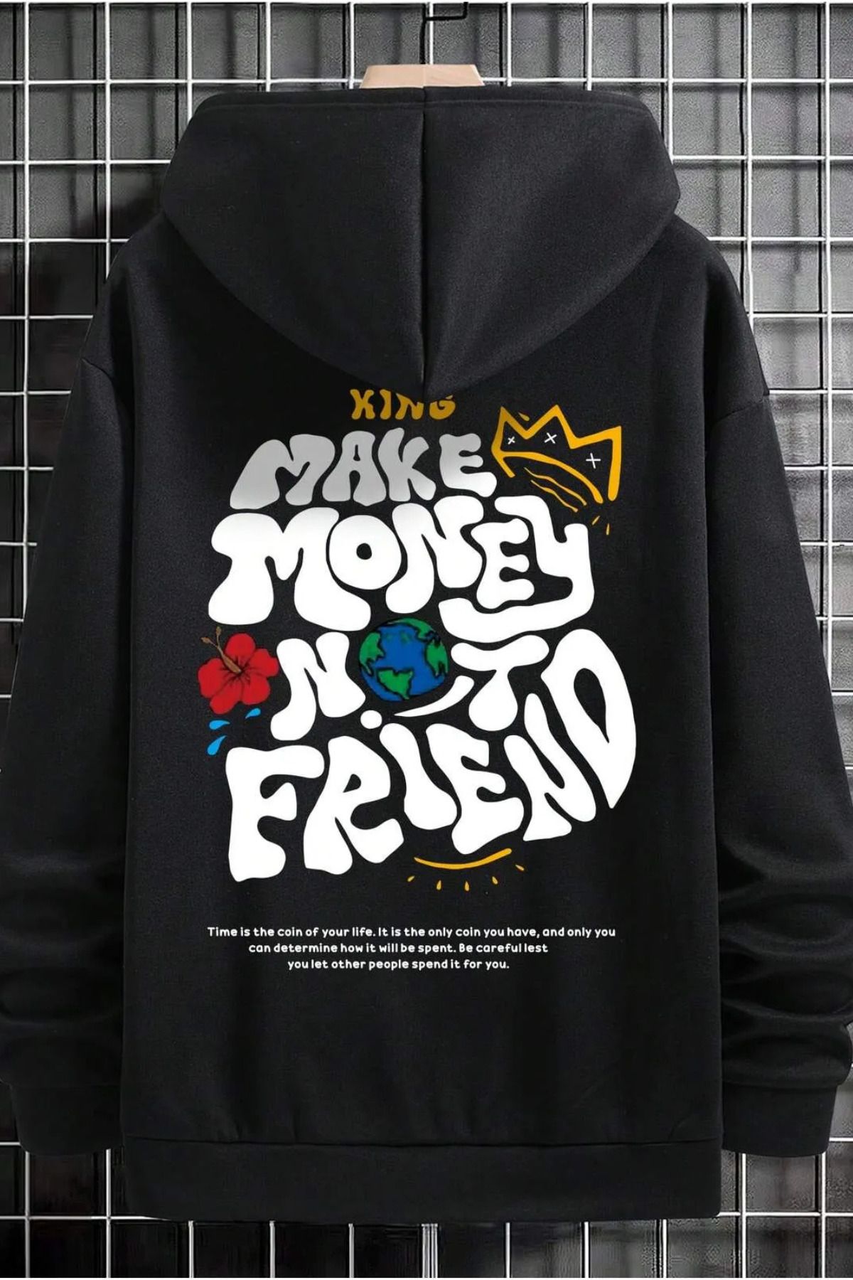 FECCY Pamuklu king ön arka baskılı siyah oversize kapşonlu sweatshirt hoodie