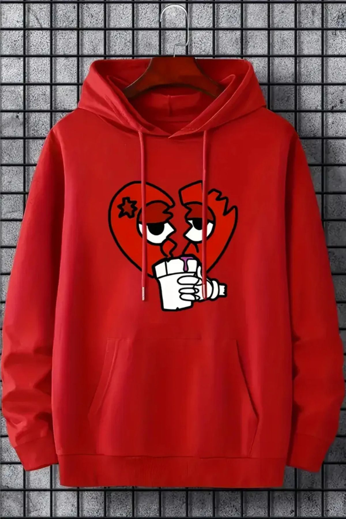 FECCY Pamuklu Kırık Kalp Baskılı Kapüşonlu Sweatshirt Hoodie