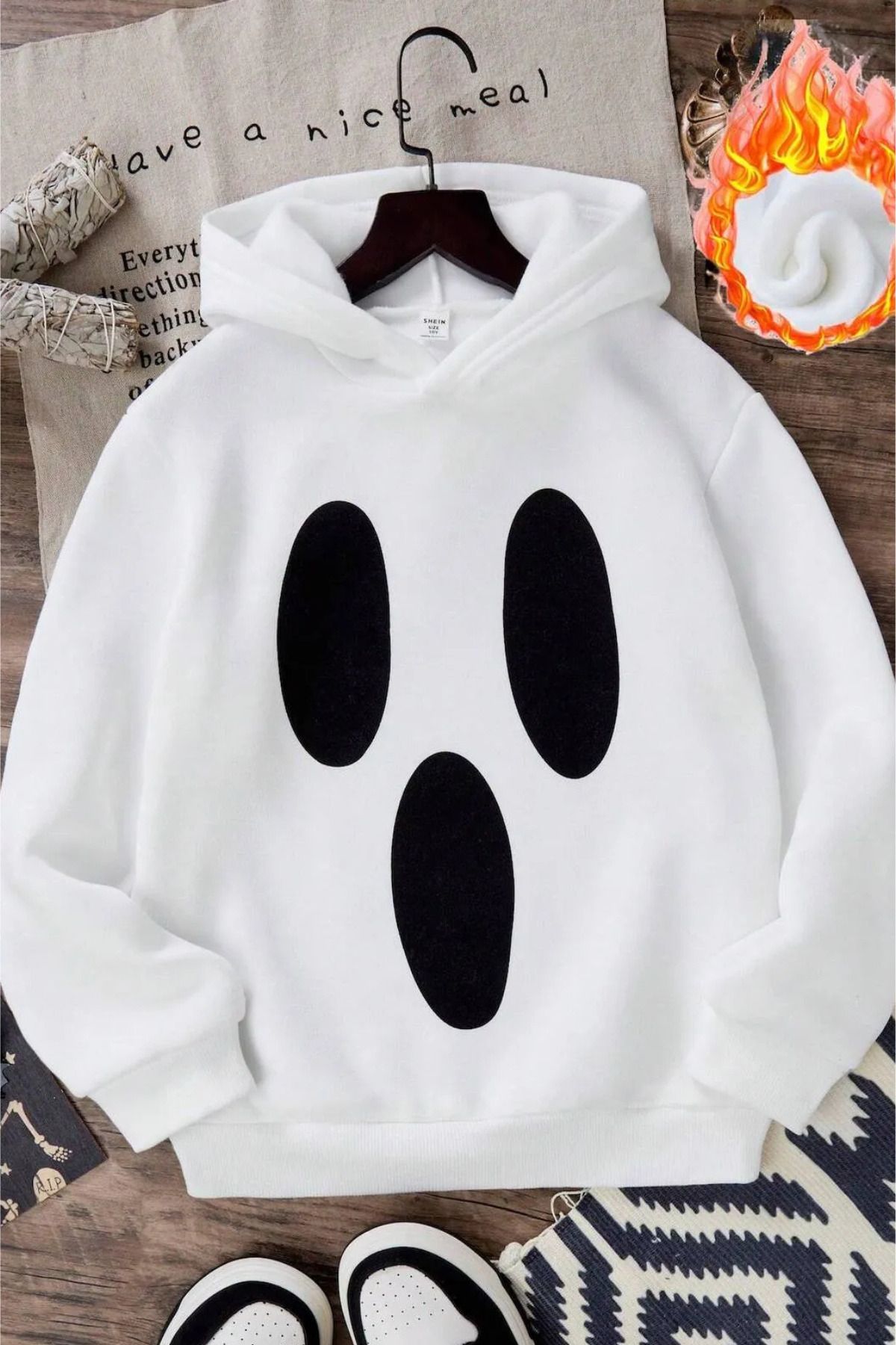 Wish BF ghost hayalet HALLOWEEN ön baskılı beyaz oversize kapşonlu sweatshirt hoodie