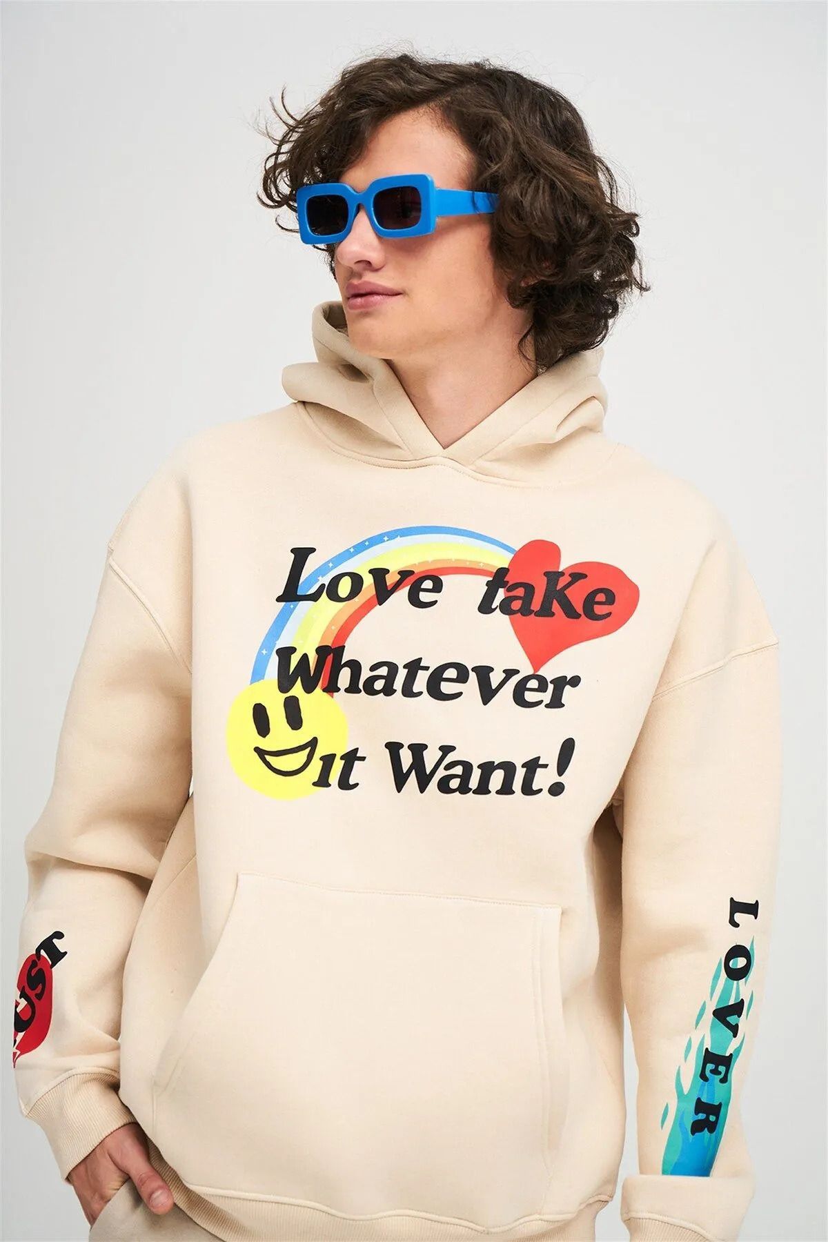 FECCY Pamuklu Love Take İt baskılı Oversize Unisex Hoodie