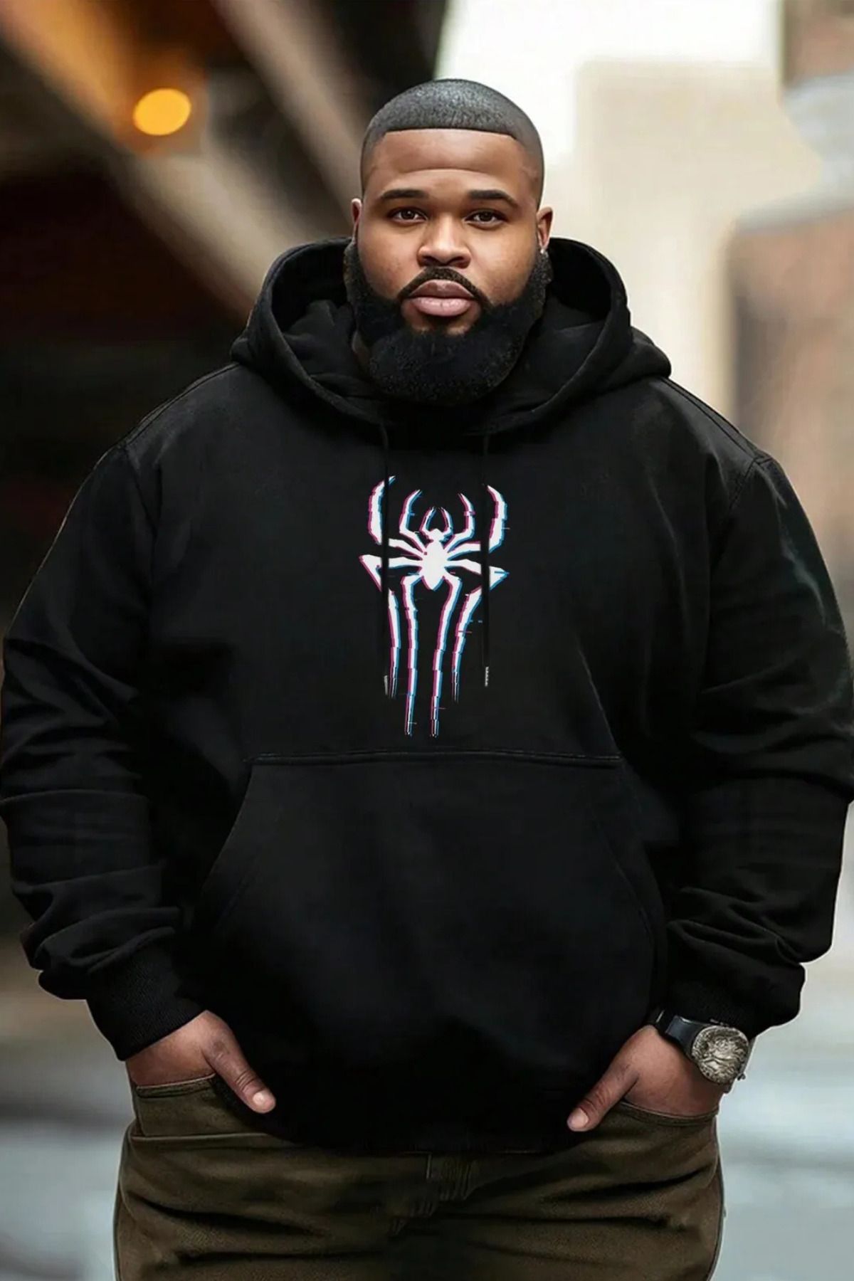 FECCY Pamuklu neon spider örümcek logosu ön baskılı siyah oversize kapşonlu sweatshirt hoodie