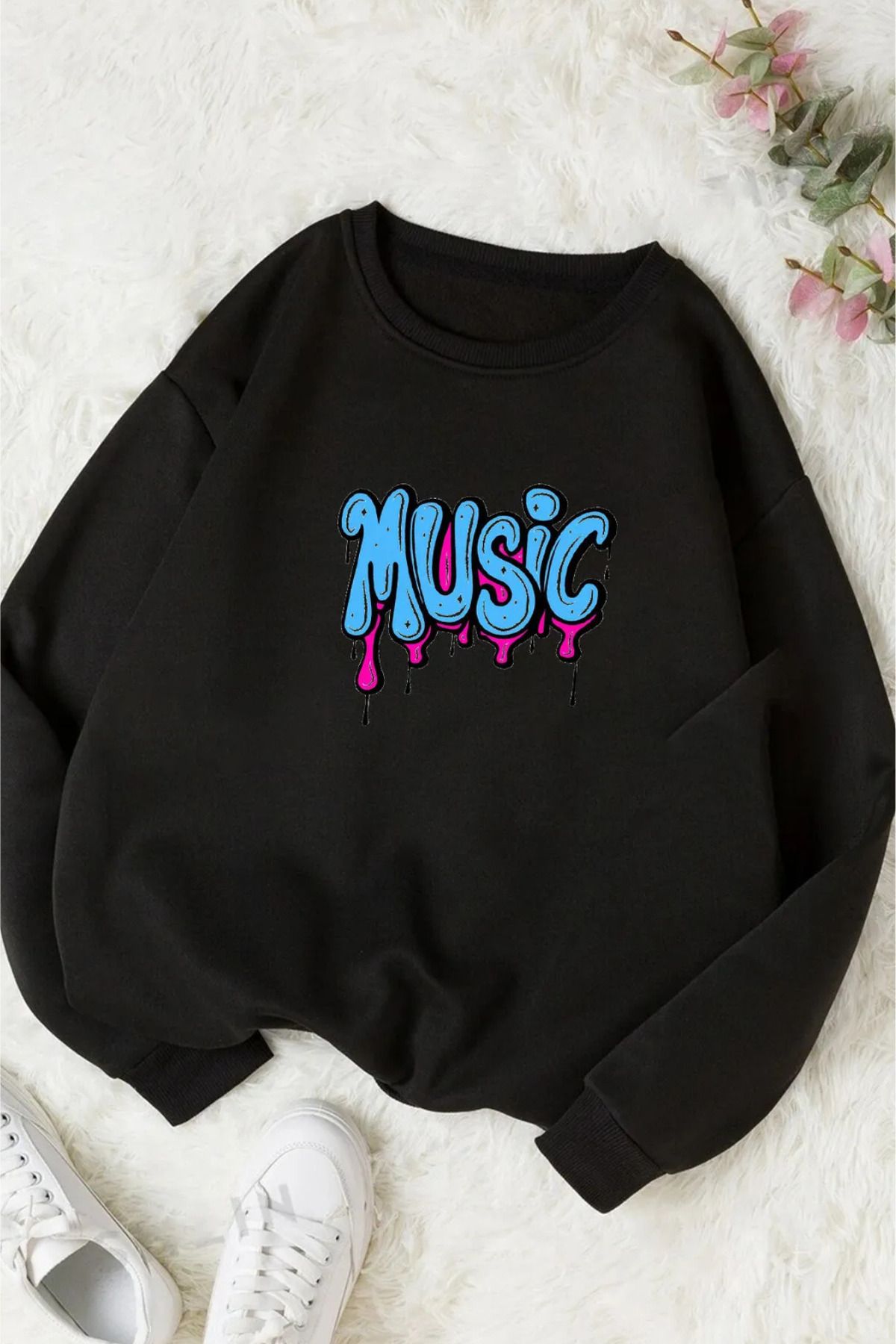 FECCY Pamuklu MUSIC baskılı oversize unisex sweatshirt günlük rugular 2 İplik pamuklu