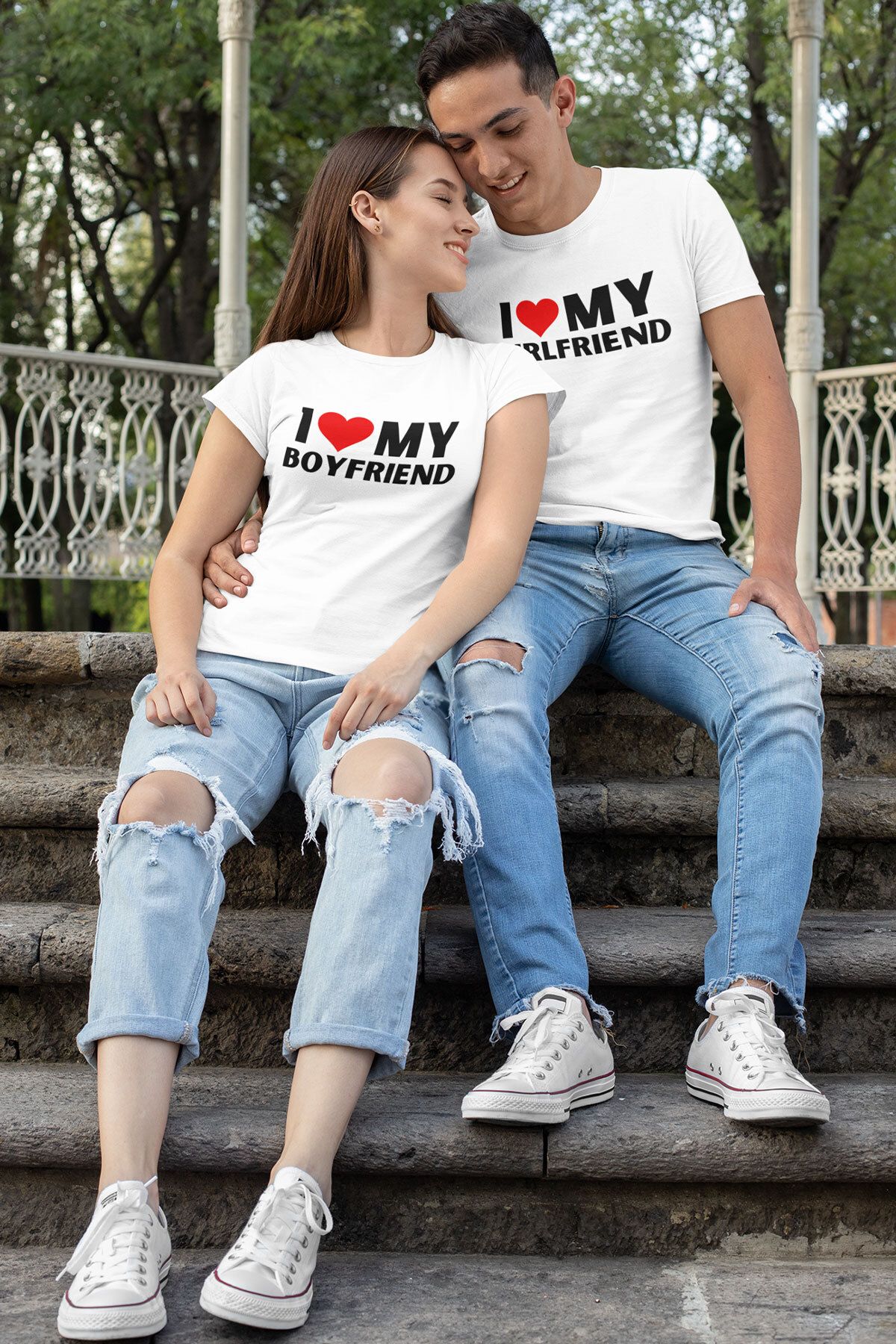 qoeuyl boutique I Love Girlfriend Boyfriend Baskılı Sevgili Çift Kombin İkili Sevgililer Günü Hediye T-Shirt