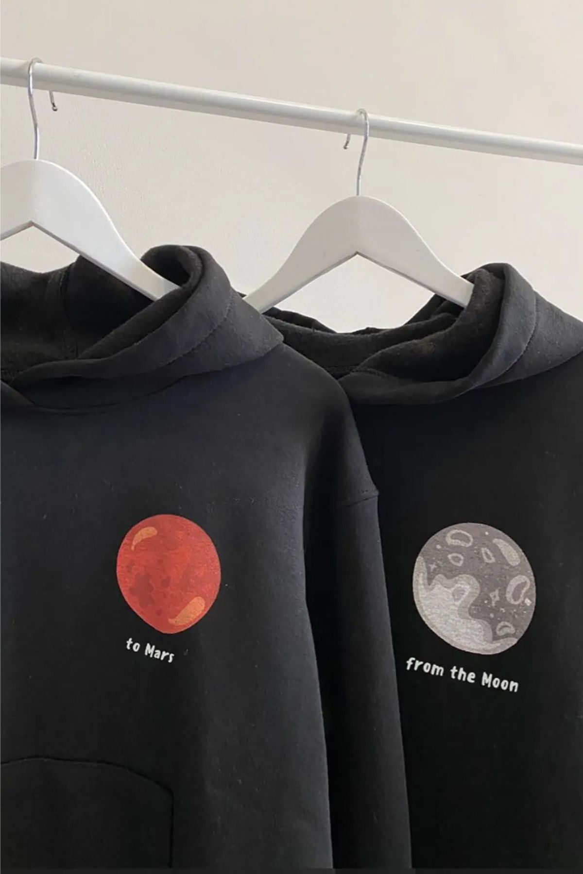 Wish BF Mars To Moon Sevgili Çift Kombin Sweatshirt - Siyah Baskılı Oversize Kapüşonlu