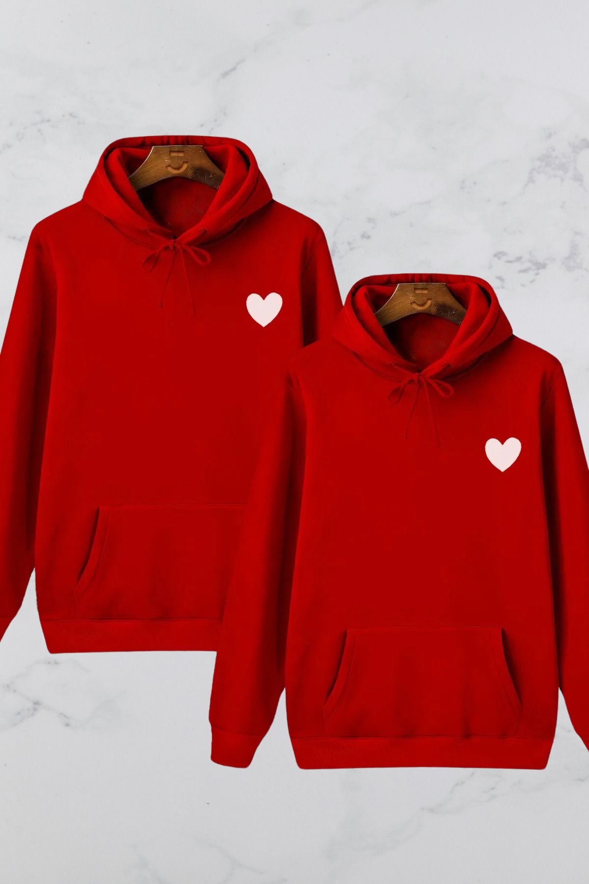 Wish BF Kalp Baskılı Çift Sevgili Kombini Siyah Kapüşonlu Sweatshirt 2'li Set