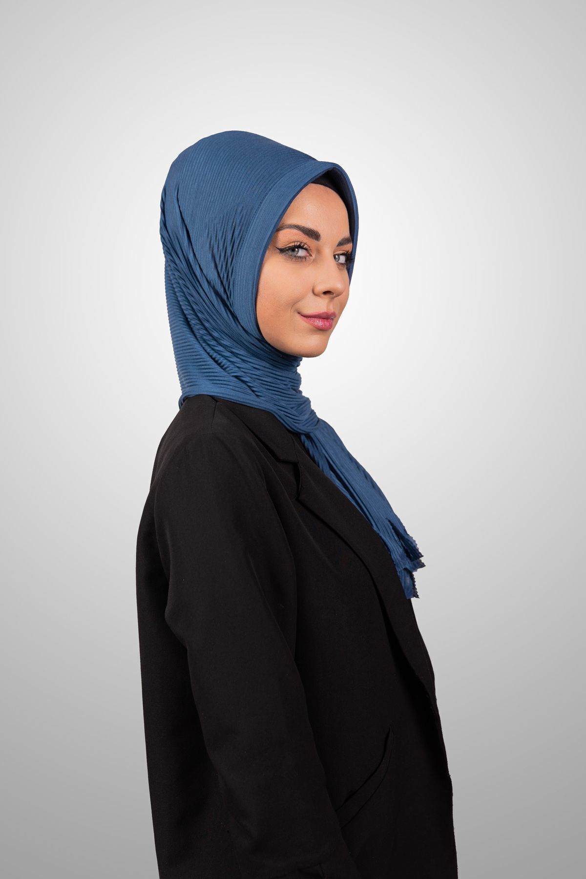 Şalcenneti.com-Organic Denim Color Sponge Practical Pleated Shawl - Ready Plug-In Model 2