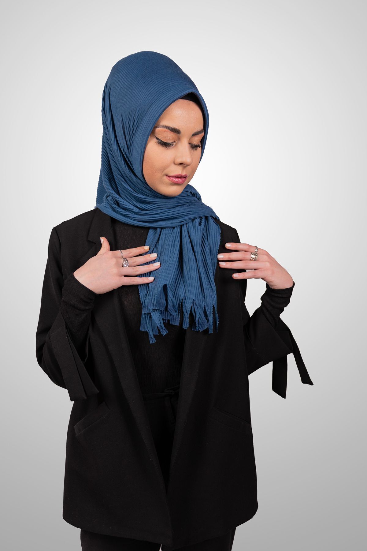 Şalcenneti.com-Organic Denim Color Sponge Practical Pleated Shawl - Ready Plug-In Model 4