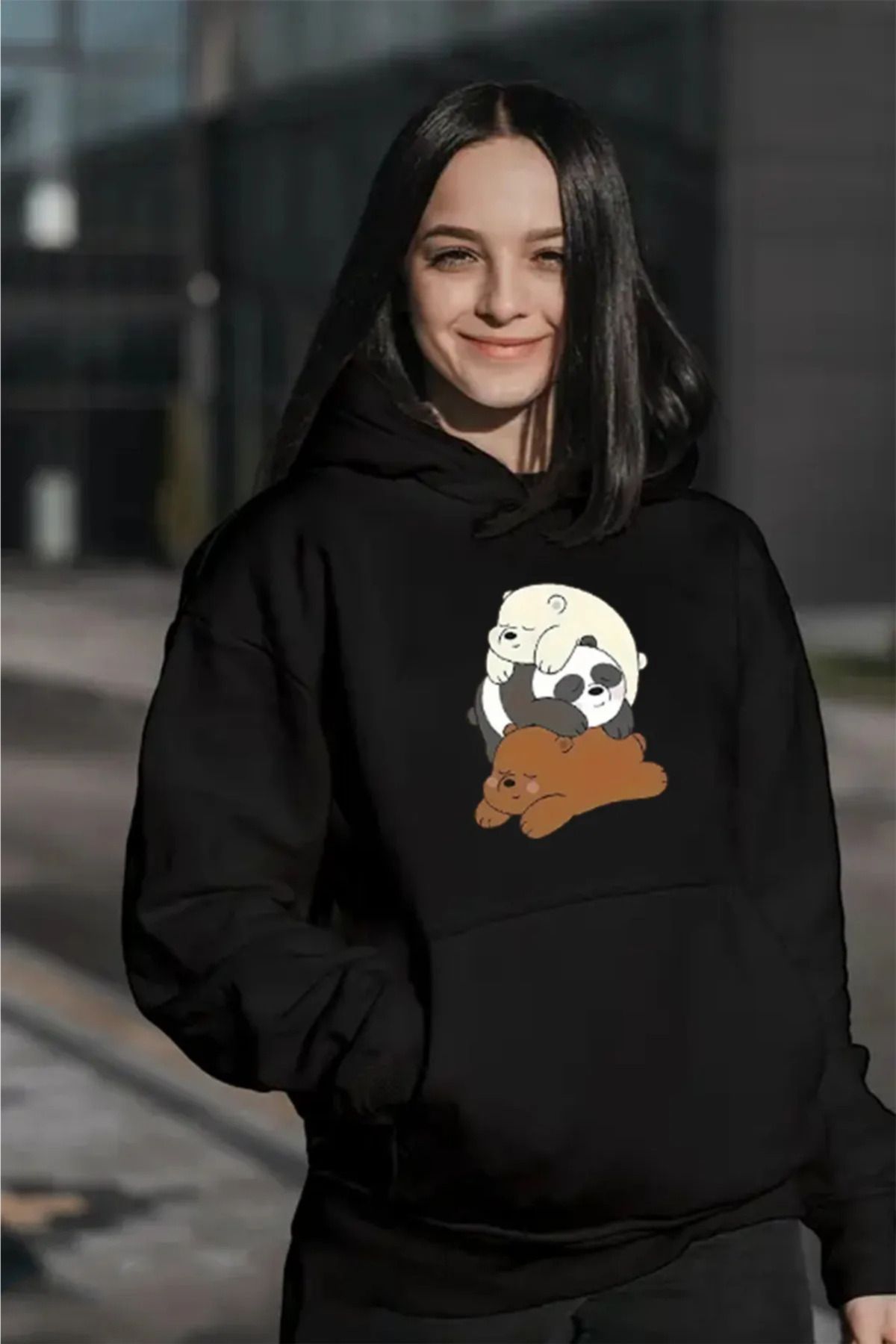 FECCY Pamuklu Panda Baskılı Oversize Kapüşonlu Siyah Sweatshirt