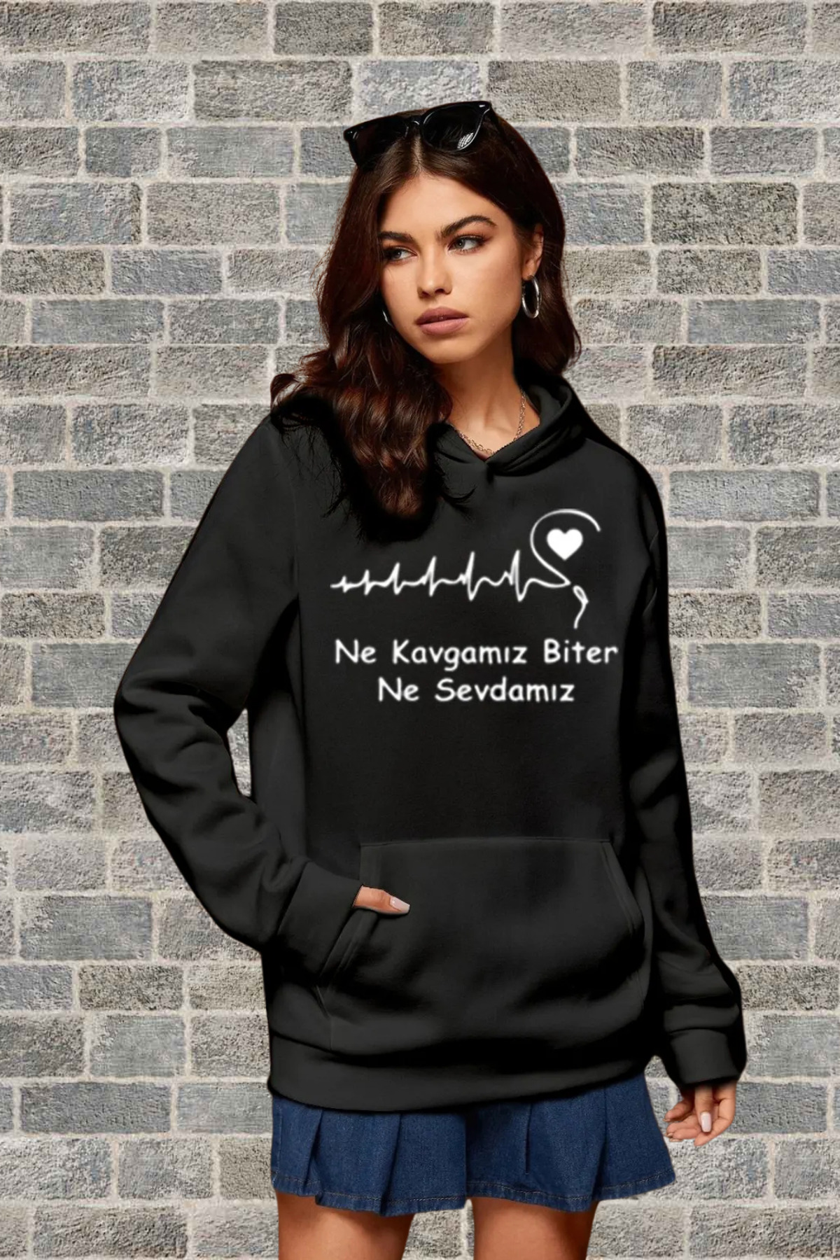 Wish BF Sevgili Çift Kombin - Siyah Baskılı Oversize Bisiklet Yaka Sweatshirt görsel 2