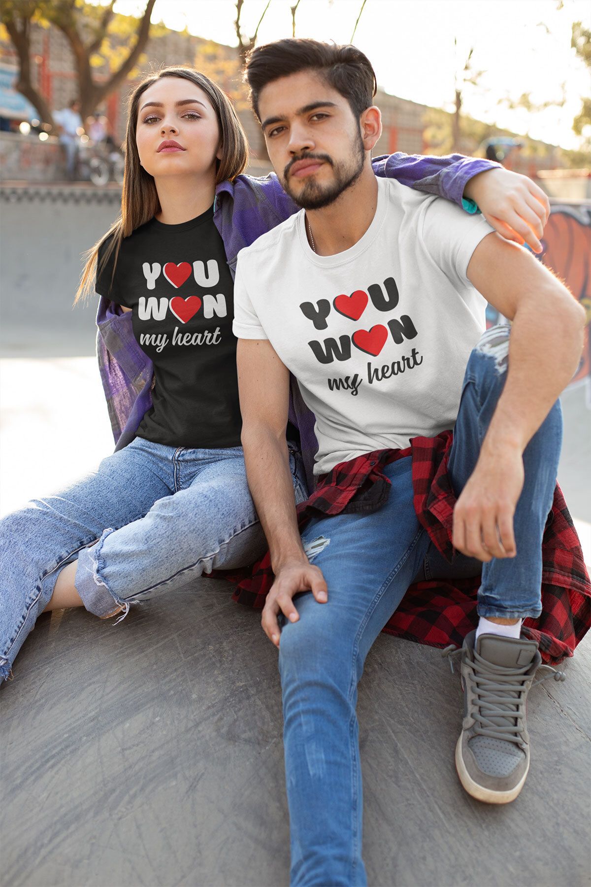 qoeuyl boutique You Won My Heart Baskılı Sevgili Çift Kombin İkili %100 Pamuk Sevgililer Günü Hediye T-Shirt