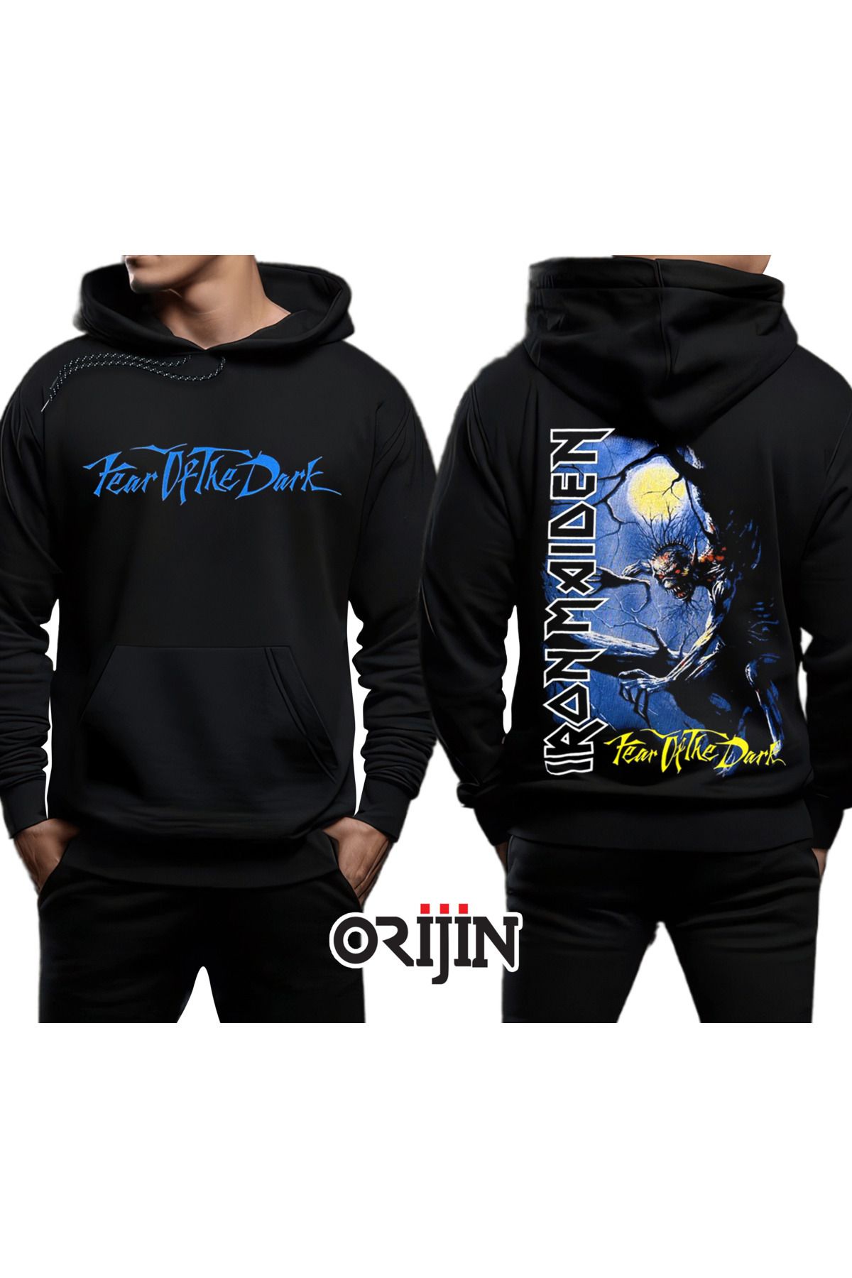 Pisa Art Iron Maiden Fear of The Dark Ön Arka Baskılı Siyah Kapşonlu Sweatshirt