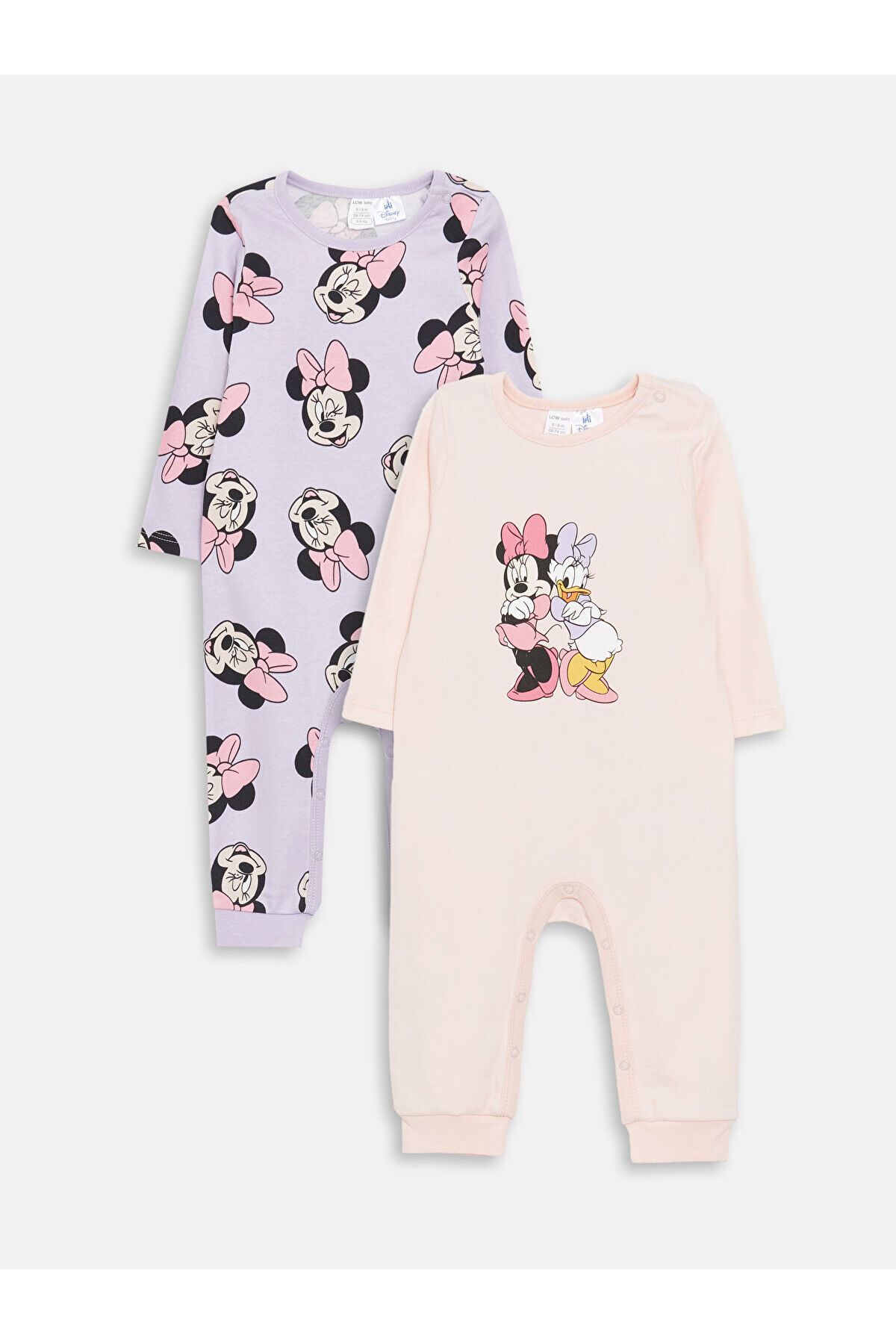 LC Waikiki Bisiklet Yaka Uzun Kollu Minnie Mouse Baskılı Kız Bebek Tulum 2'li