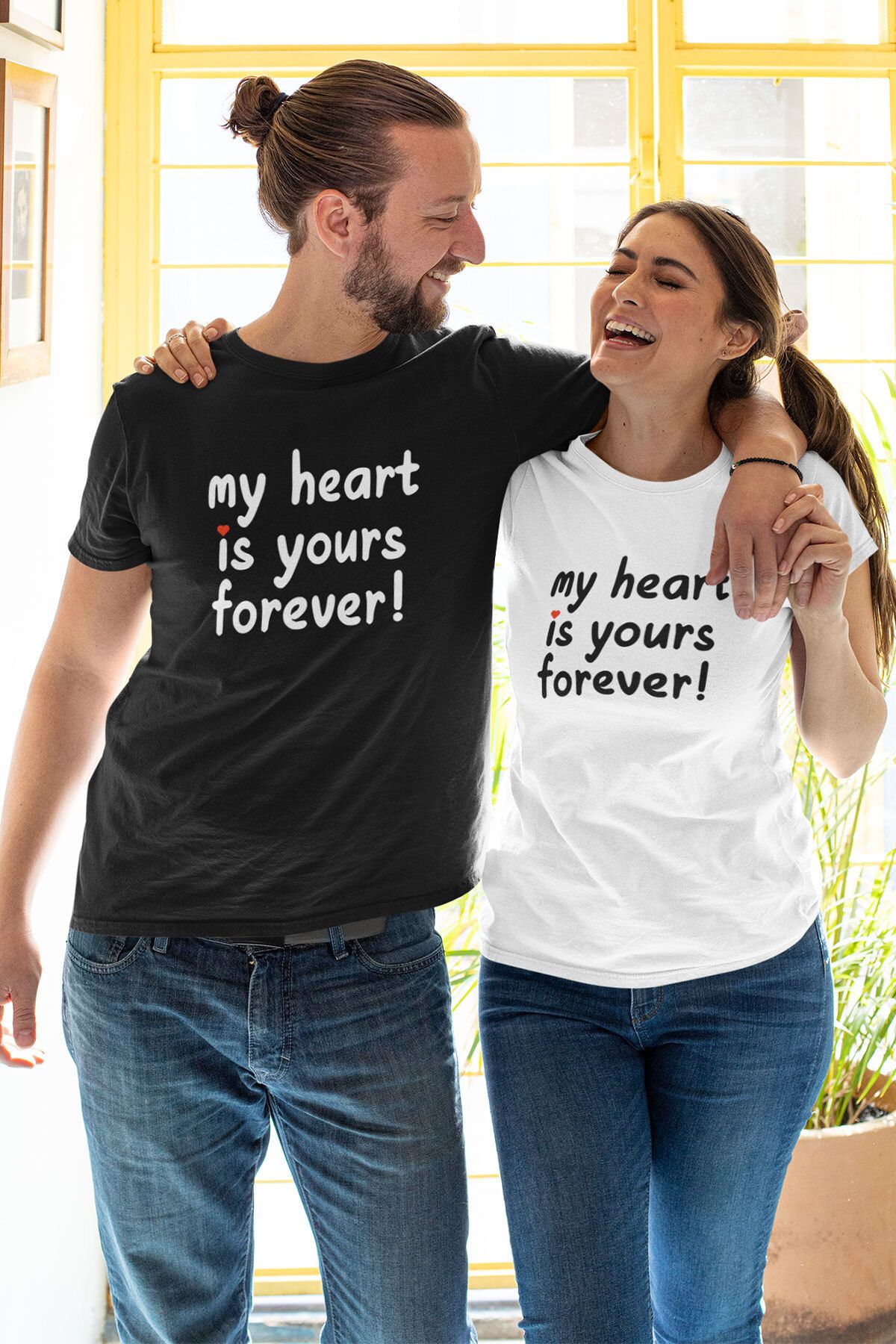 qoeuyl boutique My Heart Is Yours Baskılı Sevgili Çift Kombin İkili %100 Pamuk Sevgililer Günü Hediye T-Shirt