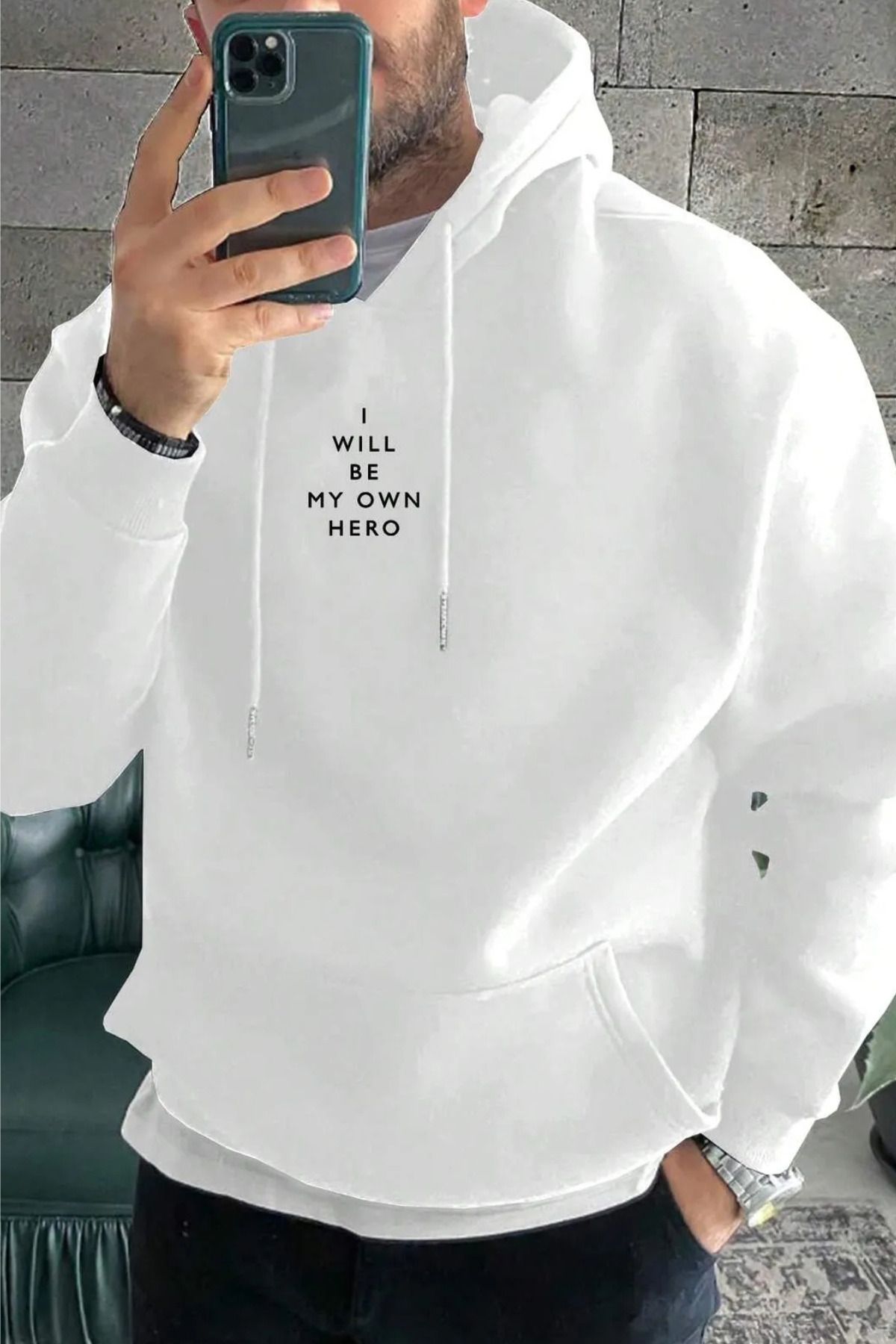 FECCY Pamuklu _i will be my own hero ön baskılı beyaz oversize kapşonlu sweatshirt hoodie