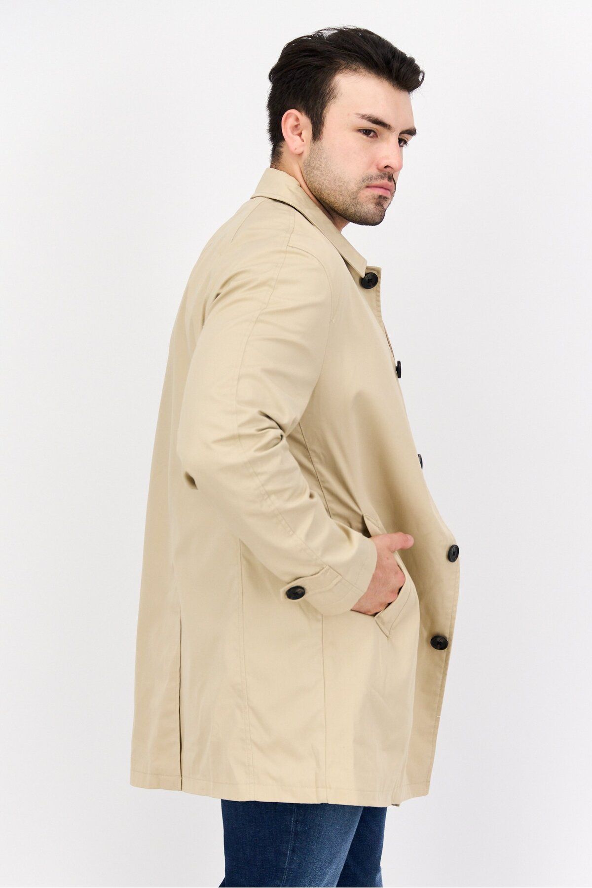 CELIO-Men Solid Trench Coat, Beige 2