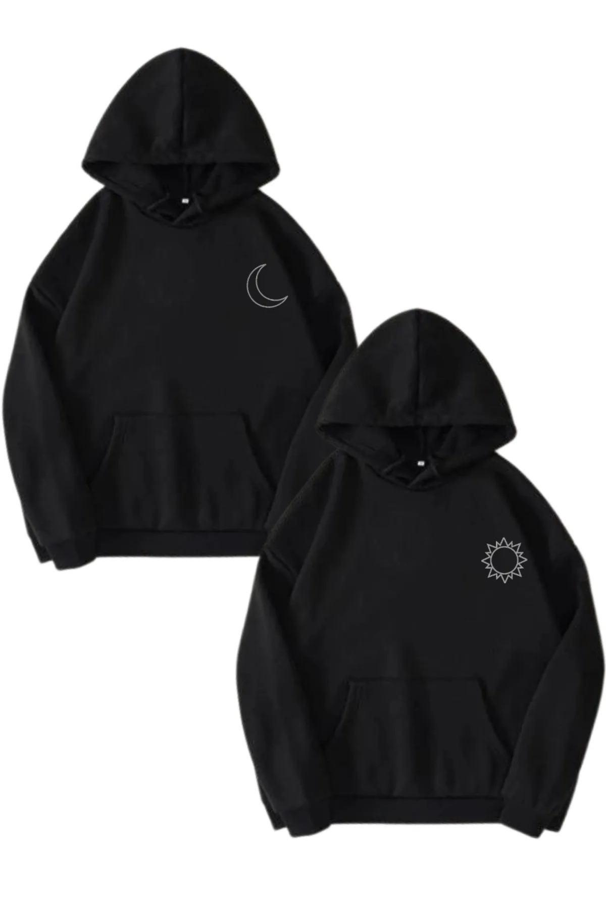 FECCY Pamuklu Sevgili Çift Kombini Ay Ve Güneş Sembol Tasarım 2'li Ürün Siyah Oversize Sweatshirt