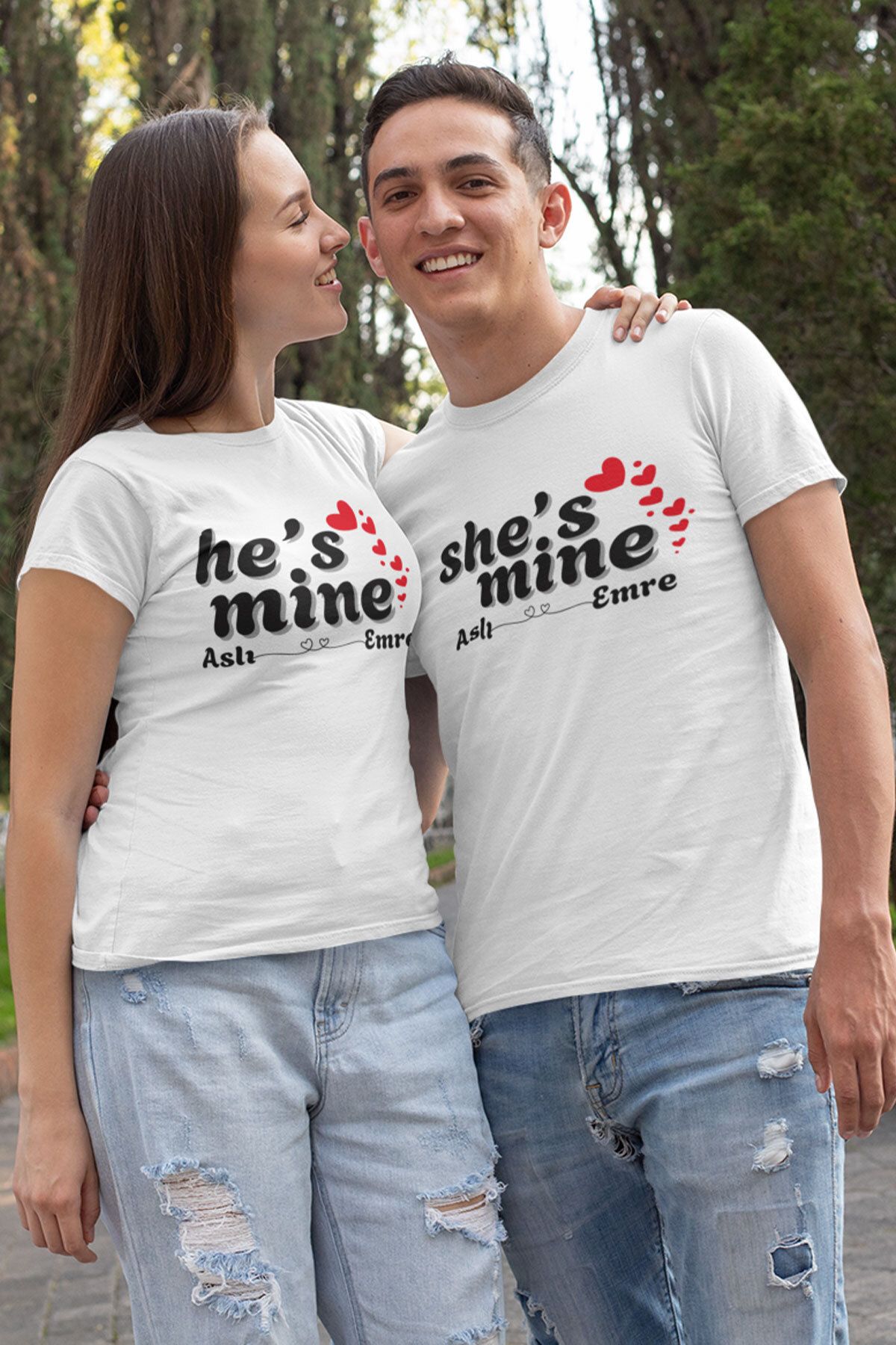 qoeuyl boutique He's Mine She's Mine İsme Özel Baskılı Sevgili Çift Kombin 2'li Sevgililer Günü Hediye T-Shirt