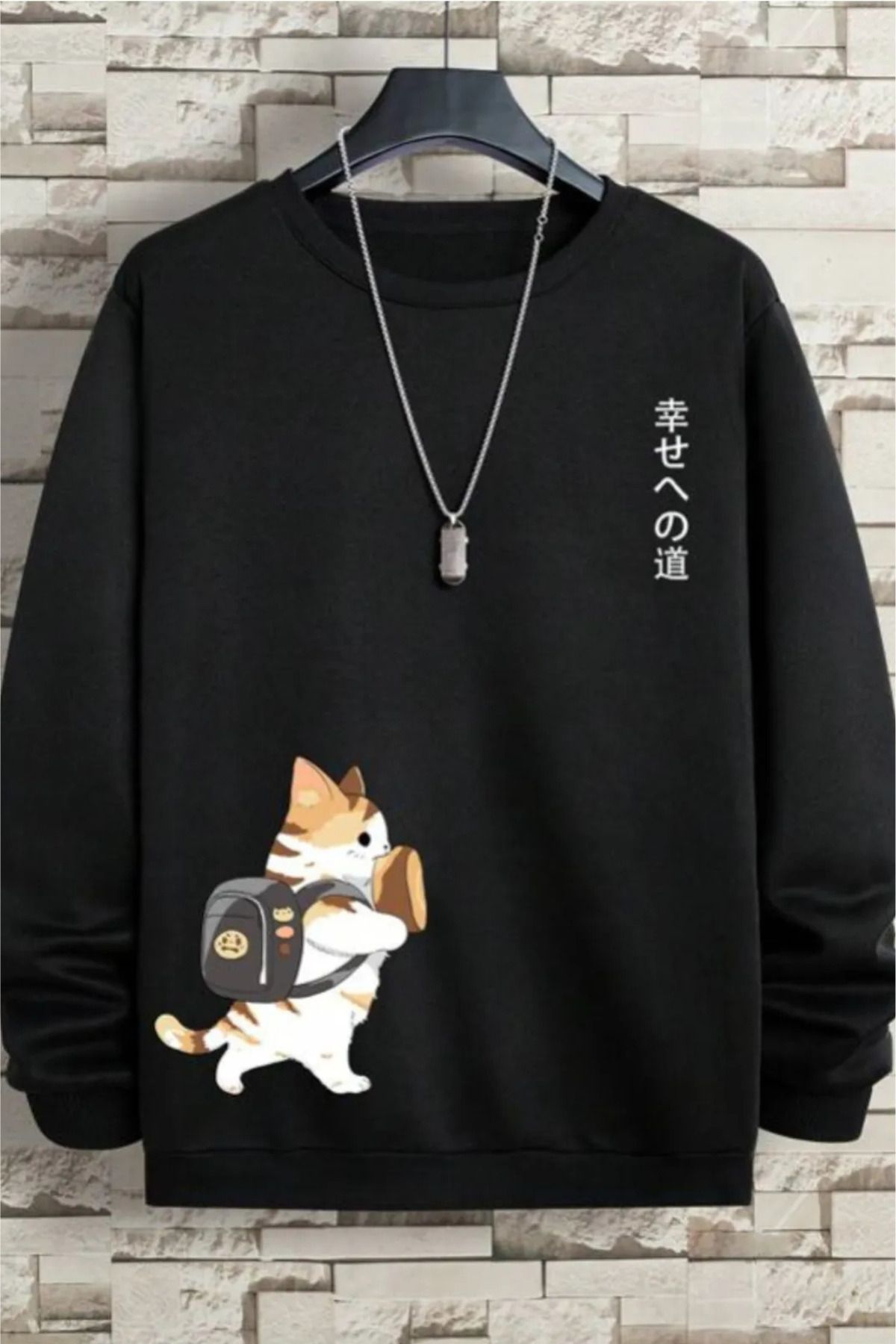 Wish BF Unisex Oversize JAPANESE KEDİ Baskılı Bisiklet Yaka Siyah Sweatshirt