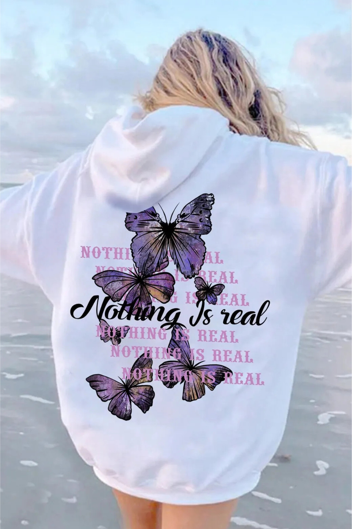 Wish BF mor kelebekler arka baskılı oversize kapşonlu sweatshirt hoodie