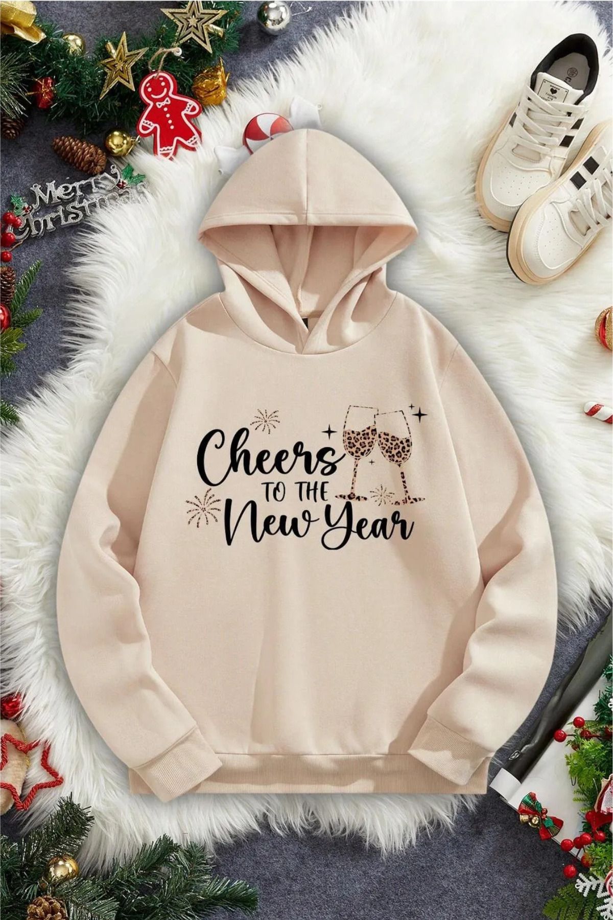 Wish BF Yeni Yılınız Kutlu Olsun Baskılı Kapüşonlu Sweatshirt Hoodie