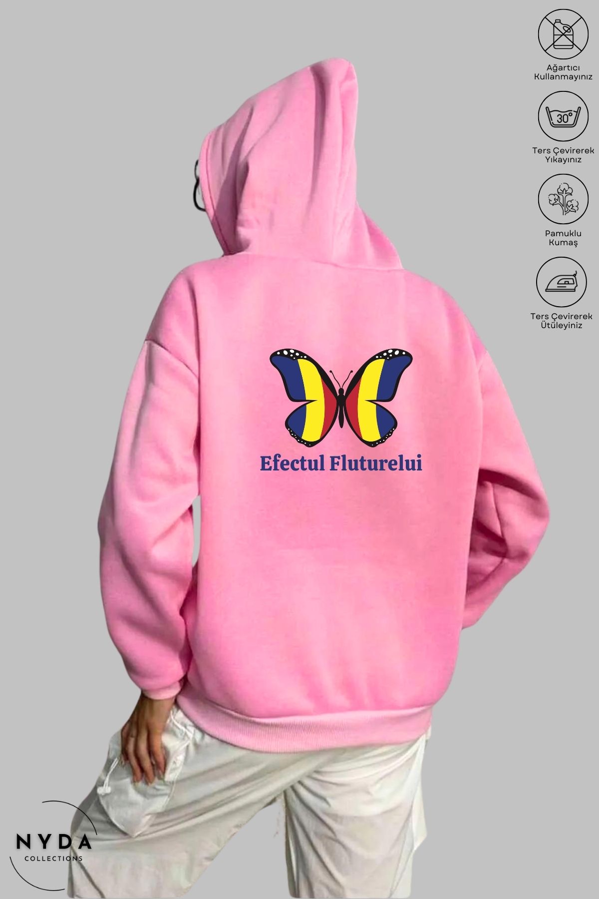 Nyda Collections Unisex Hoodie Romania Efectul Fluturelui Baskılı Kapüşonlu Şardonlu Oversize Pamuk Sweatshirt