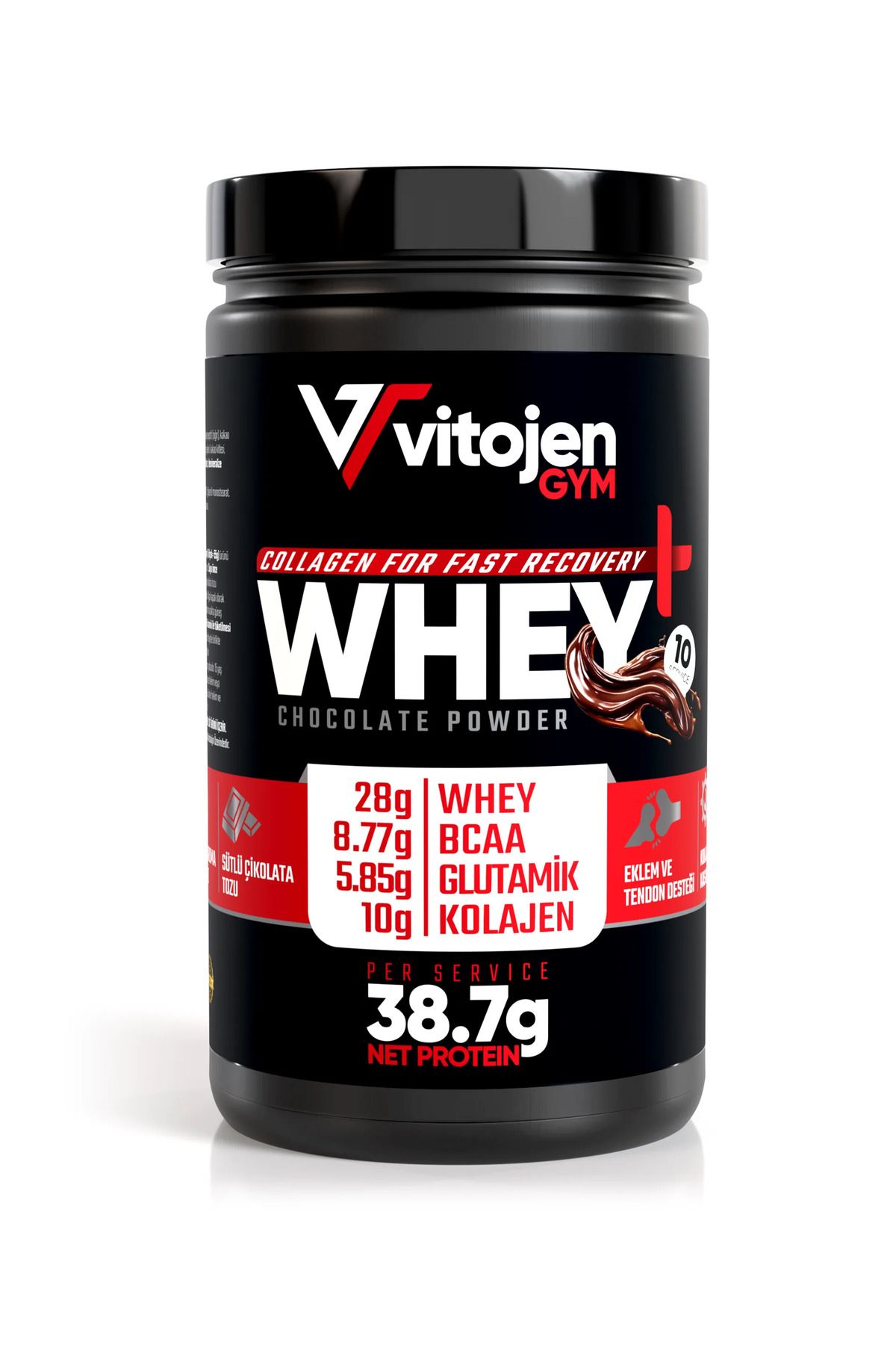 Vitojen Whey Collagen | 38.7g Net Protein | Gerçek Sütlü Çikolata Tozu | 28g Whey | 8.77 Bcaa | 10g Kolajen