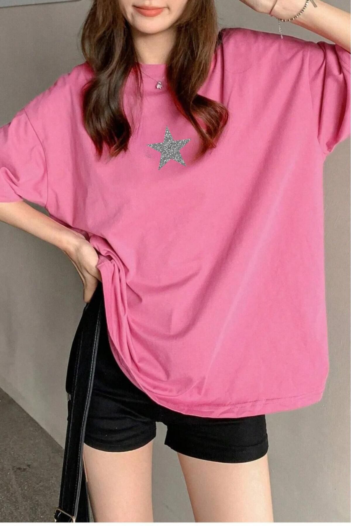 NO 601 Kadın Pembe Oversize Gümüş Simli Yıldız Baskılı Trend Bol Kalıp  Tshirt