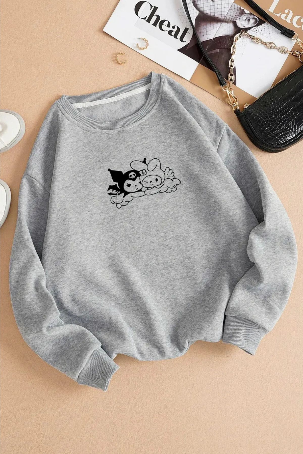 Wish BF Kuromi Renkli Oversize Bisiklet Yaka Pamuklu Sweatshirt