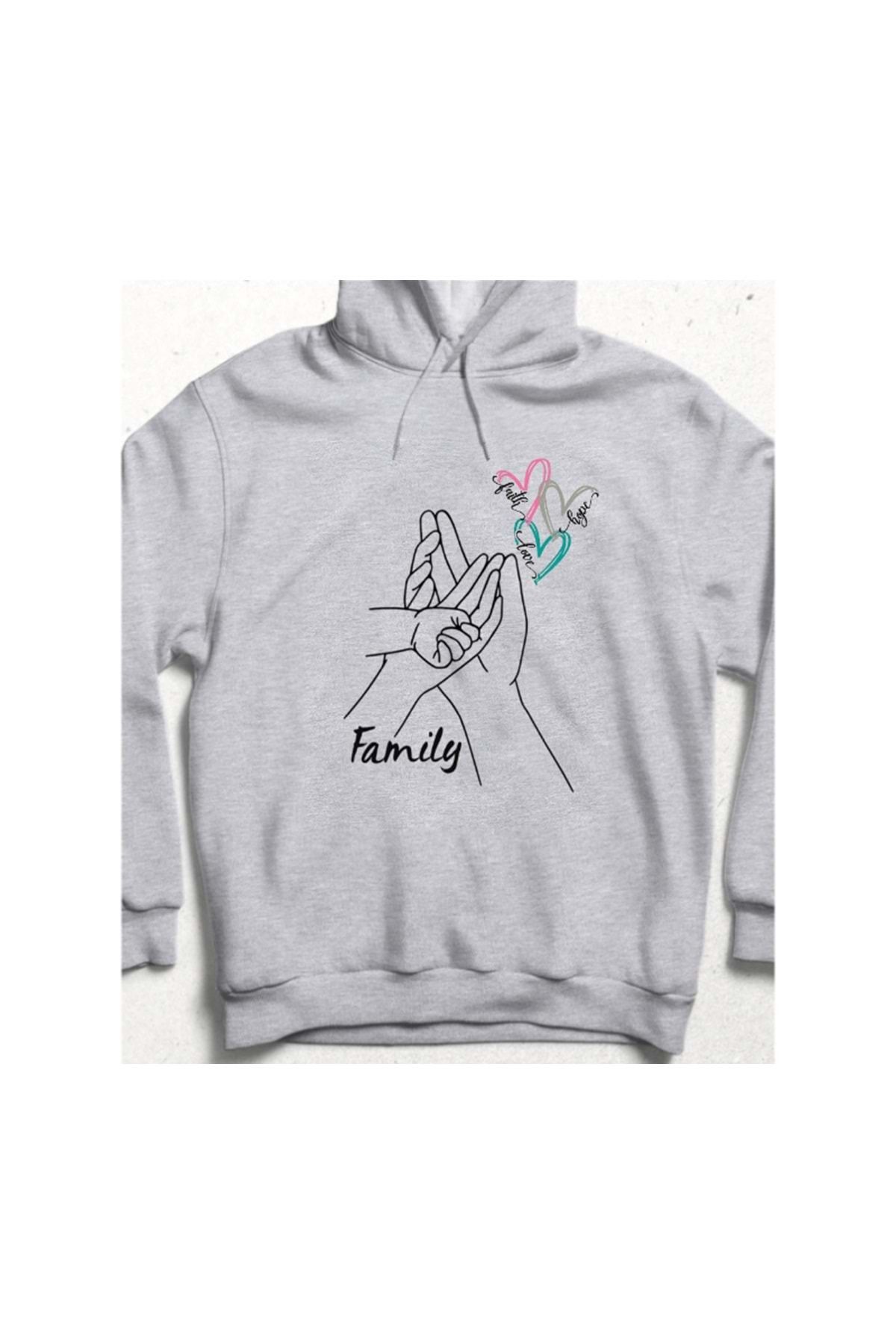 HENA DİZAYN Family Touch Hoodie Unisex Sweatshirt Gri