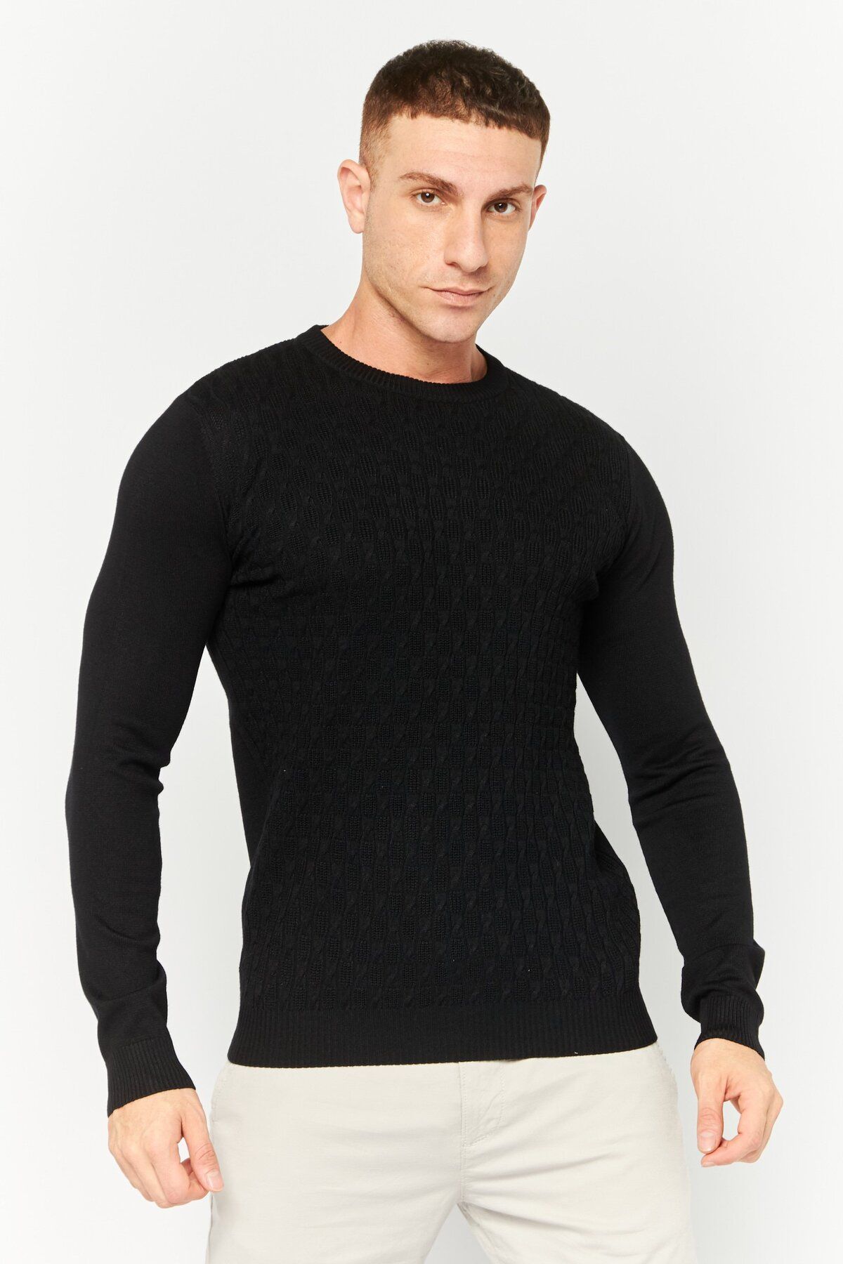 Sorbino-Men Crew Neck Long Sleeves Textured Sweater, Black 1