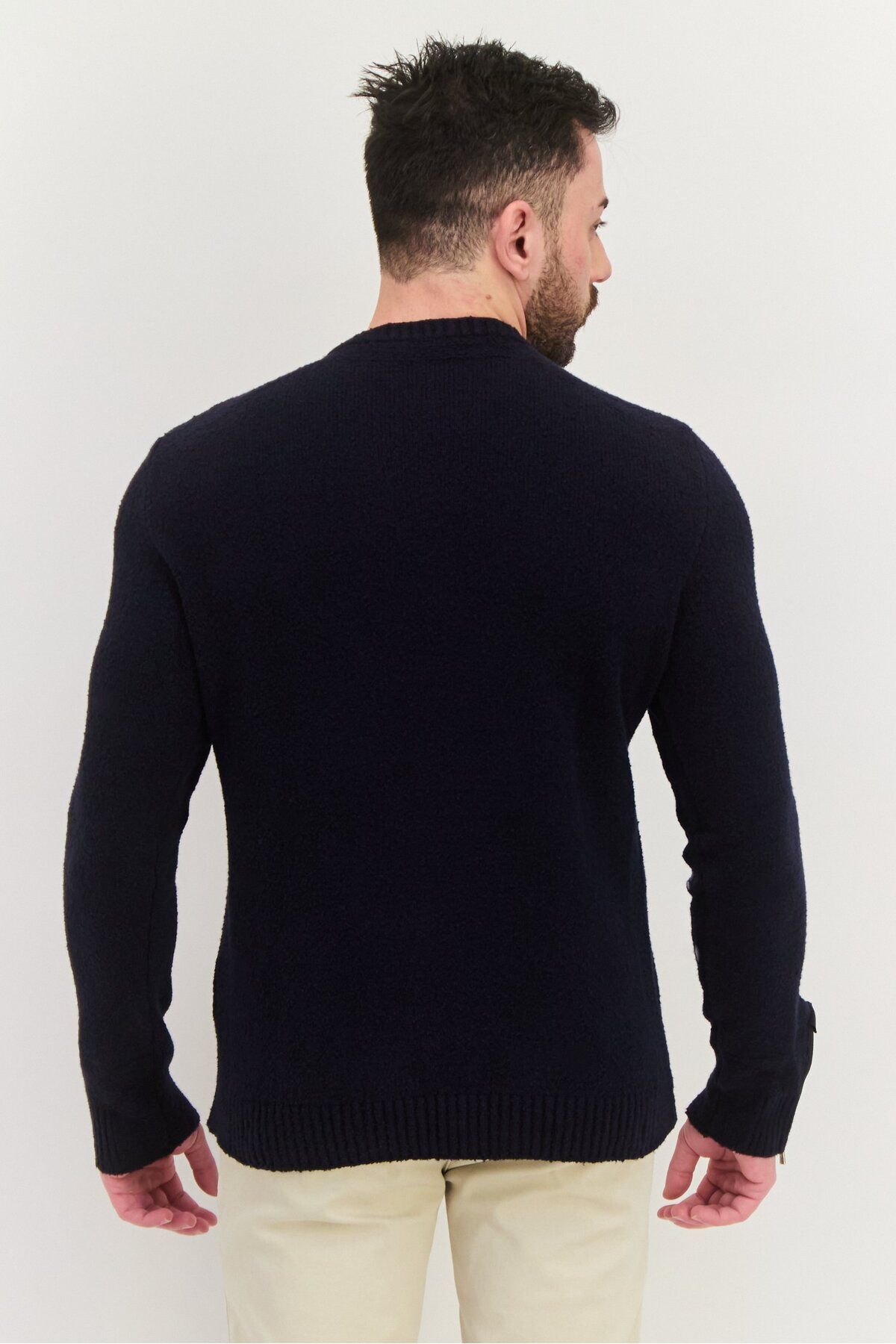 Trussardi Jeans-Men Crew Neck Knitted Long Sleeves  Sweater, Navy 3