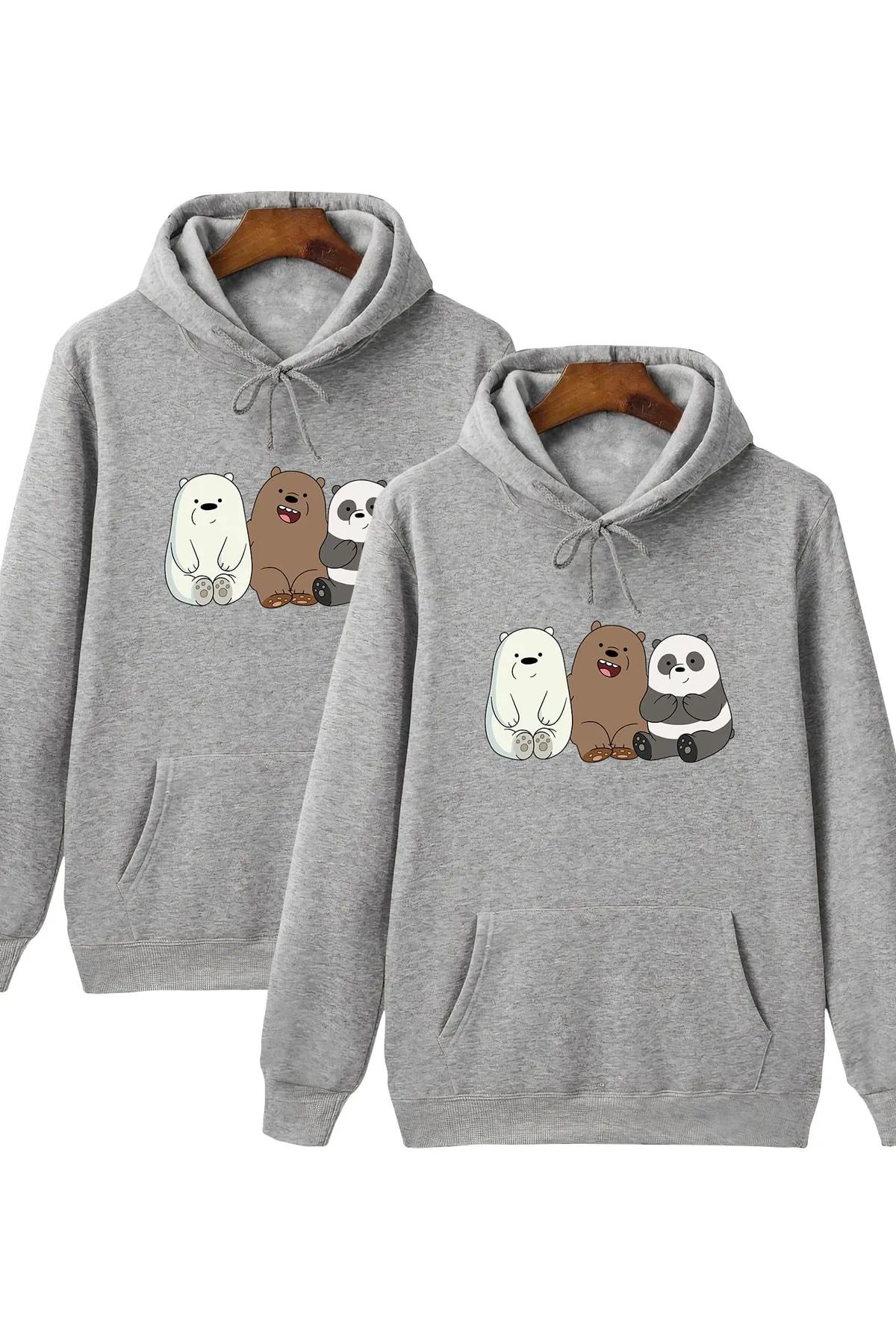 Wish BF Unisex Kafadar Ayılar Baskılı Kapüşonlu Sweatshirt 2'li Set Sevgili Arkadaş Çift Kombini