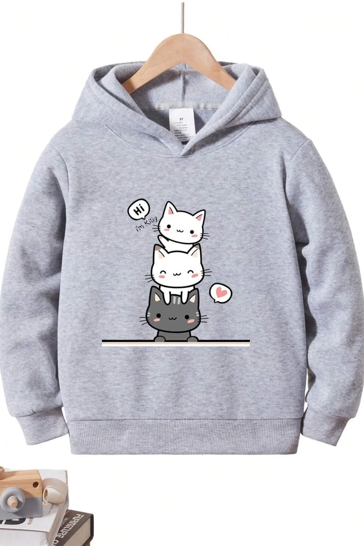 Wish BF _sevimli kediler ön baskılı gri oversize kapşonlu sweatshirt hoodie