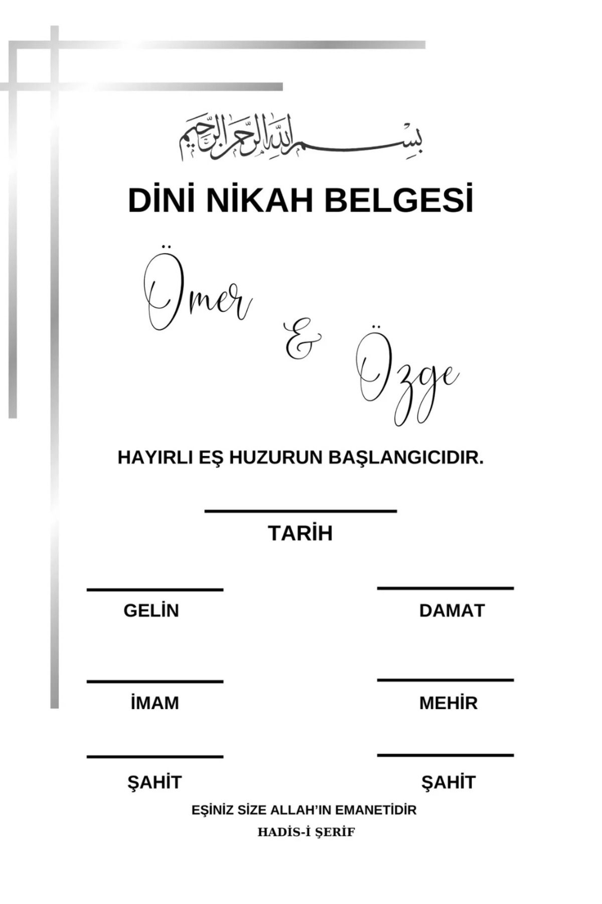 imzatasarım Nikah Belgesi - Kişiye Özel - İslami Nikah Belgesi