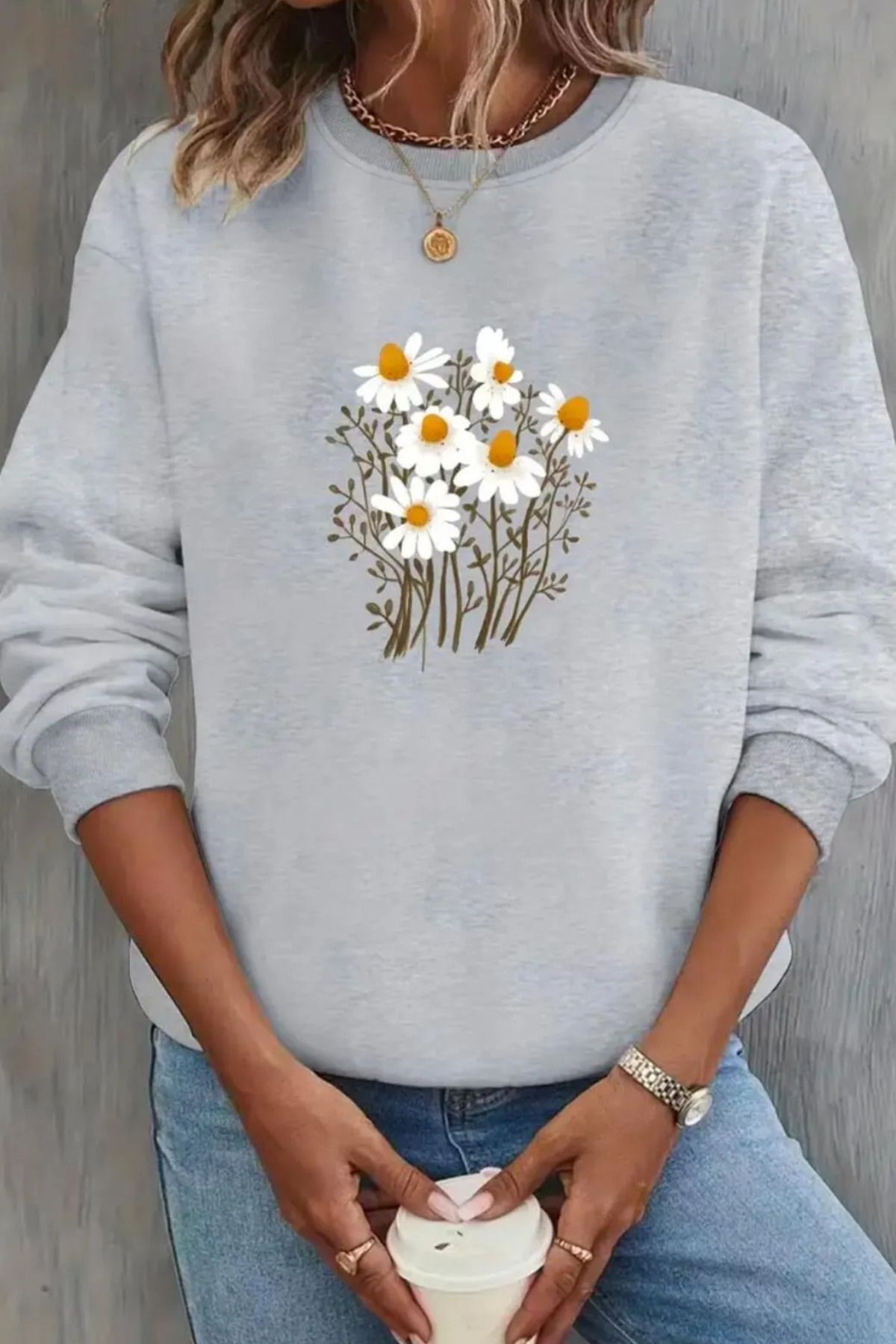 Wish BF Papatya Demeti Baskılı Bisiklet Yaka Şardonlu Sweatshirt