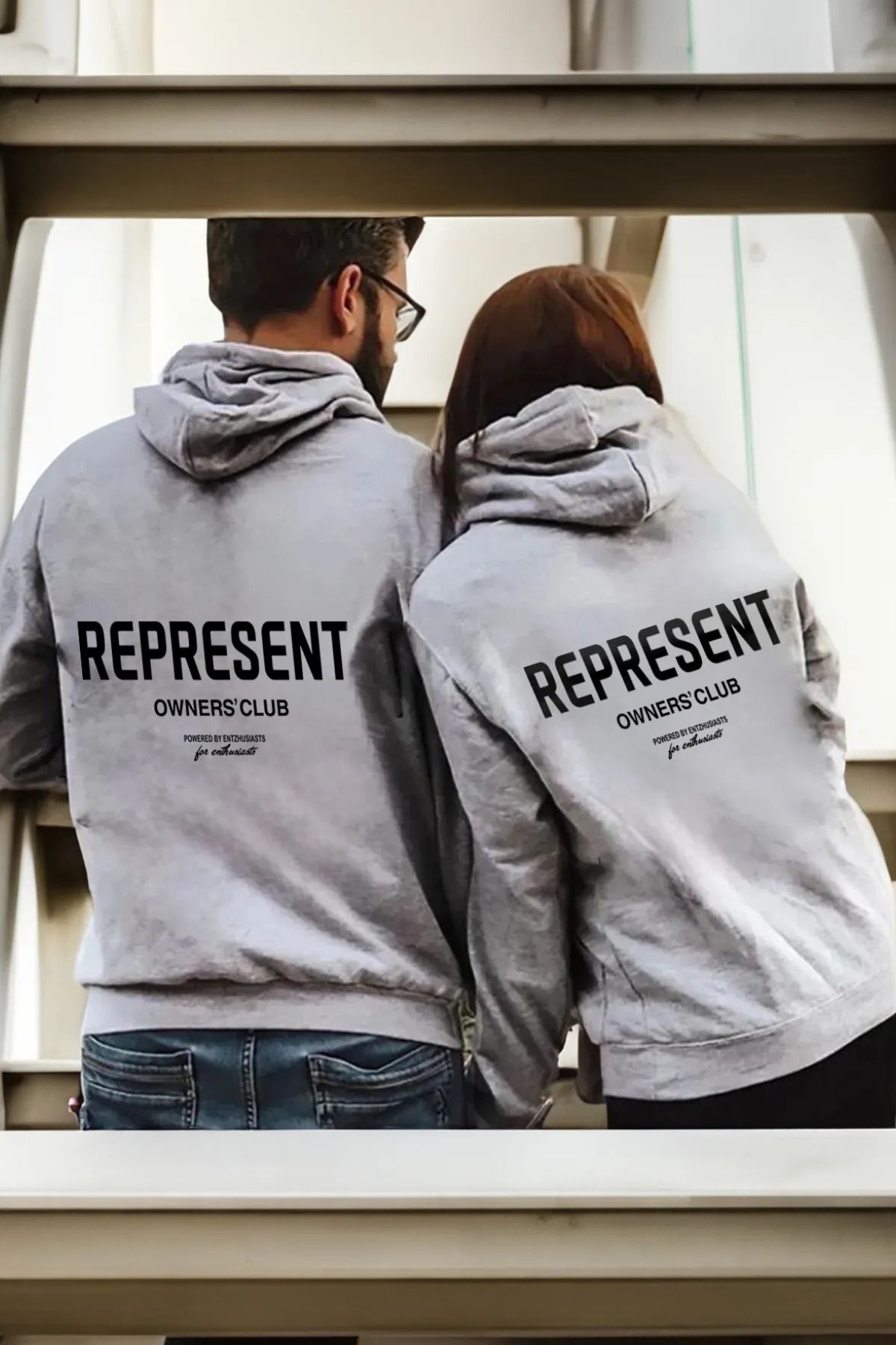 FECCY Pamuklu Represent Sevgili Çift Kombin - Baskılı Oversize Kapüşonlu Sweatshirt